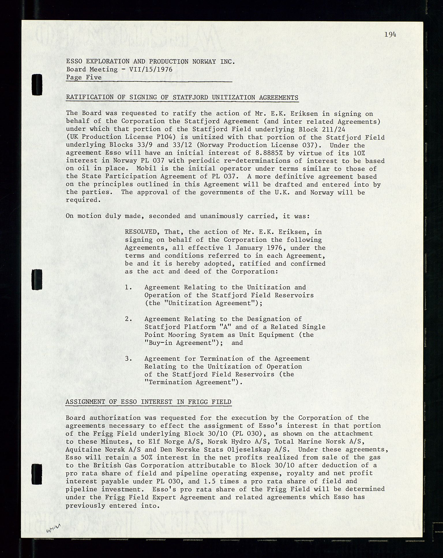 Pa 1512 - Esso Exploration and Production Norway Inc., AV/SAST-A-101917/A/Aa/L0001/0002: Styredokumenter / Corporate records, Board meeting minutes, Agreements, Stocholder meetings, 1975-1979, p. 44