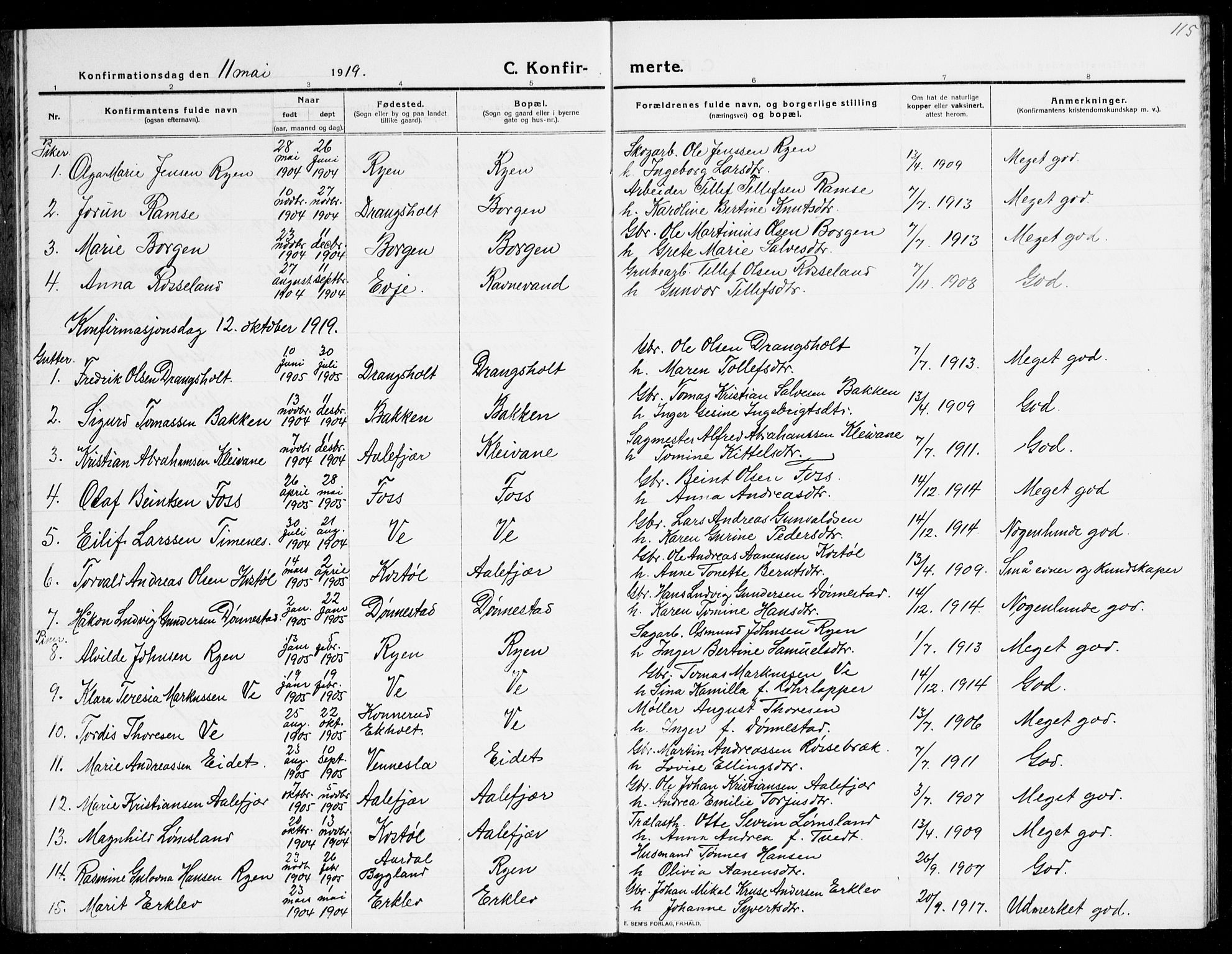 Tveit sokneprestkontor, SAK/1111-0043/F/Fb/L0005: Parish register (copy) no. B 5, 1915-1941, p. 115