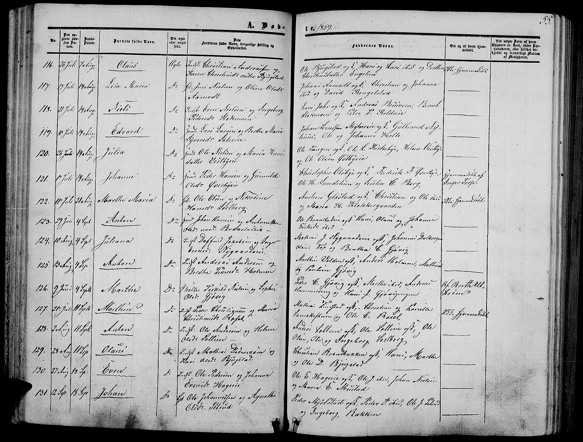 Vardal prestekontor, AV/SAH-PREST-100/H/Ha/Hab/L0005: Parish register (copy) no. 5, 1854-1868, p. 55