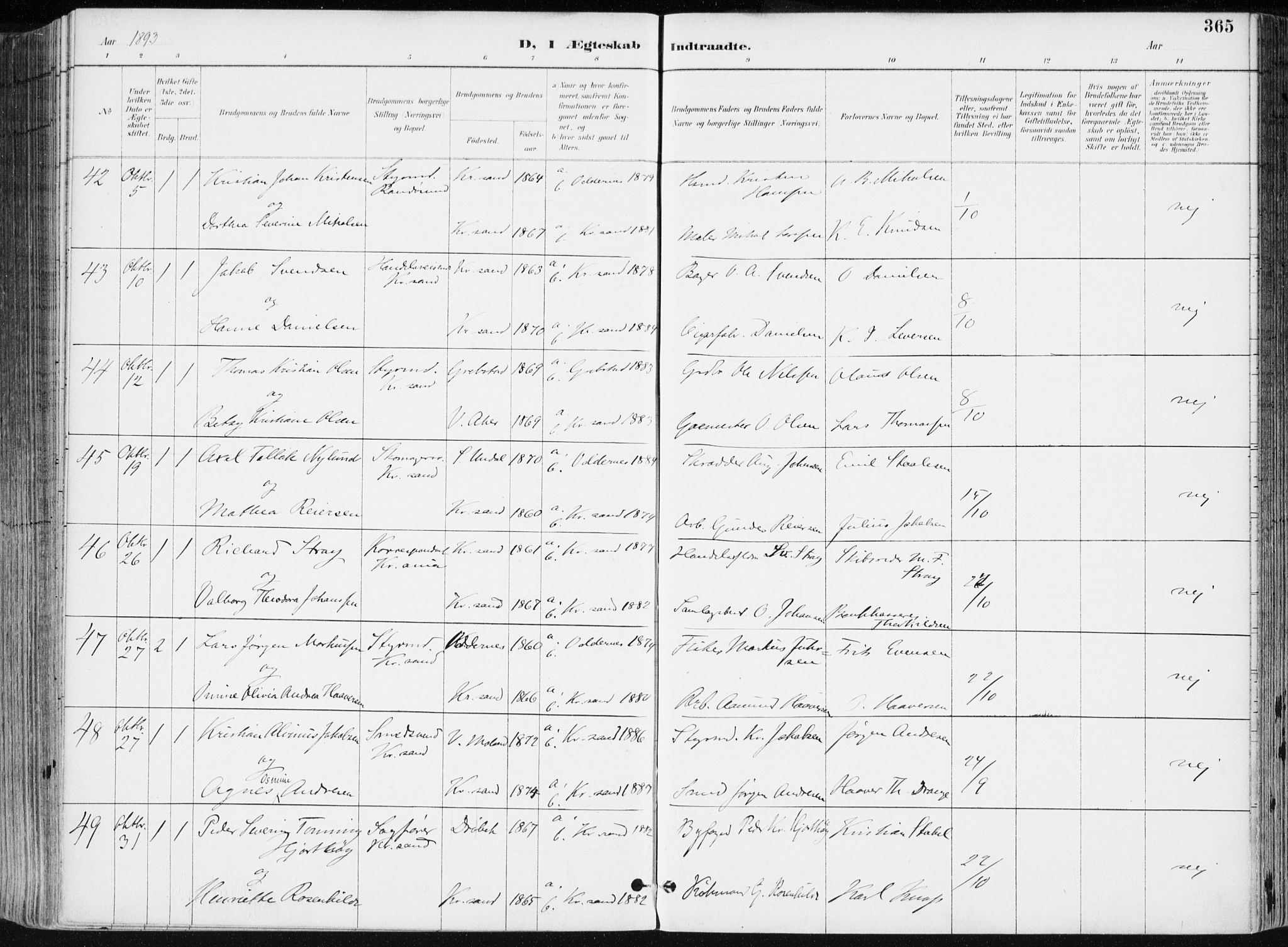 Kristiansand domprosti, AV/SAK-1112-0006/F/Fa/L0019: Parish register (official) no. A 18, 1890-1897, p. 365