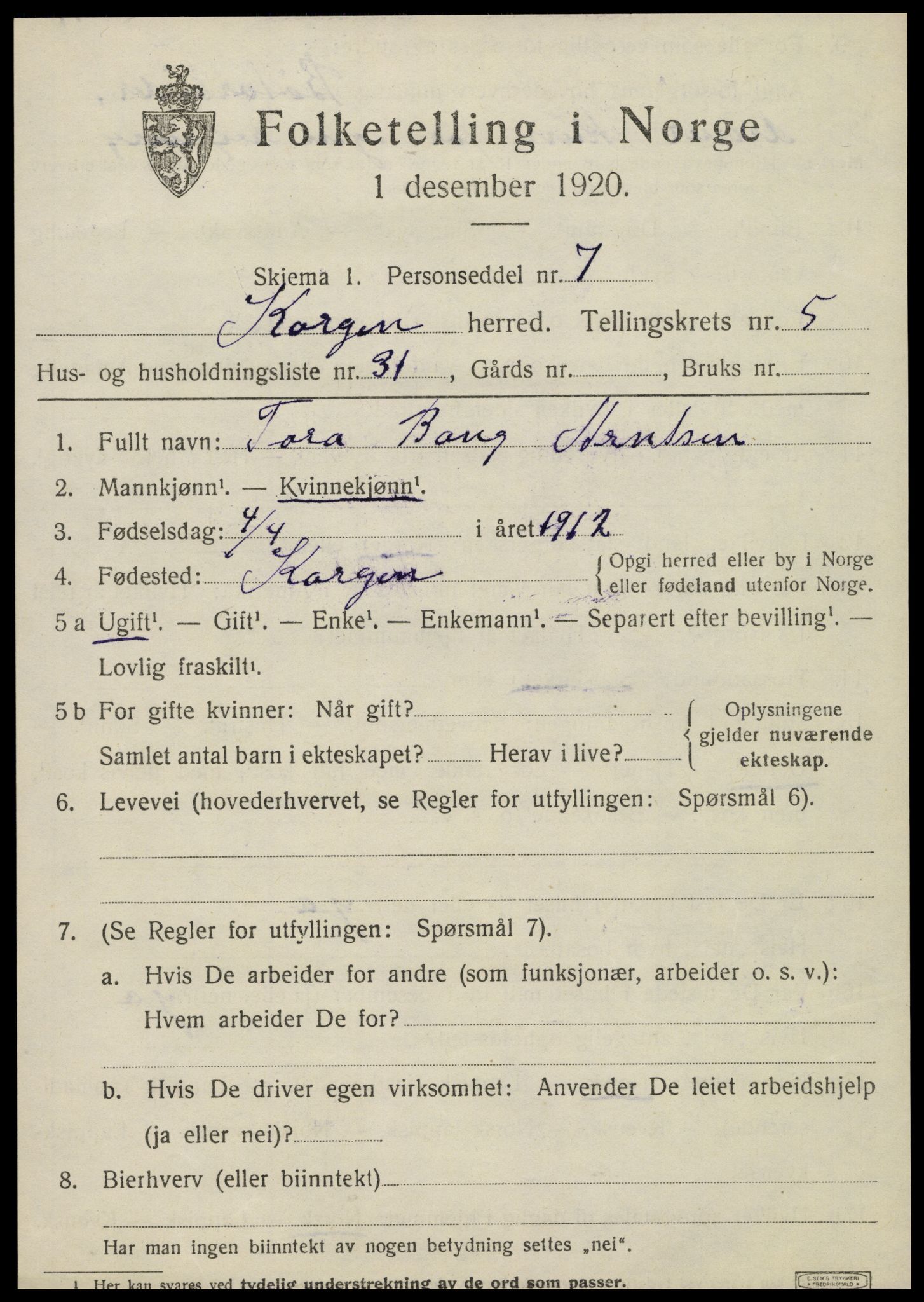 SAT, 1920 census for Korgen, 1920, p. 2400