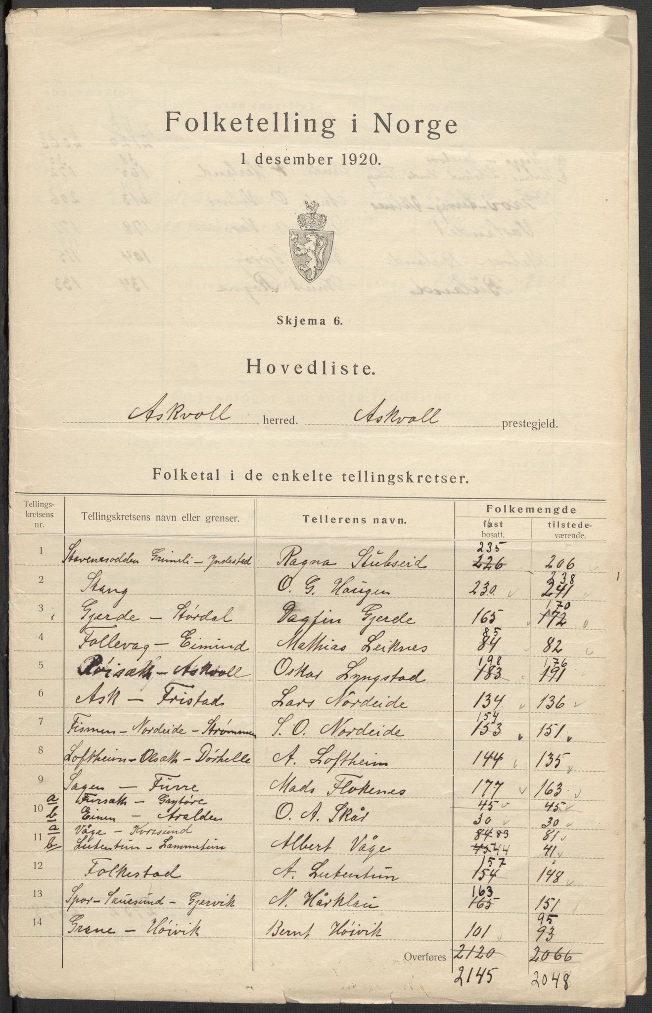 SAB, 1920 census for Askvoll, 1920, p. 2