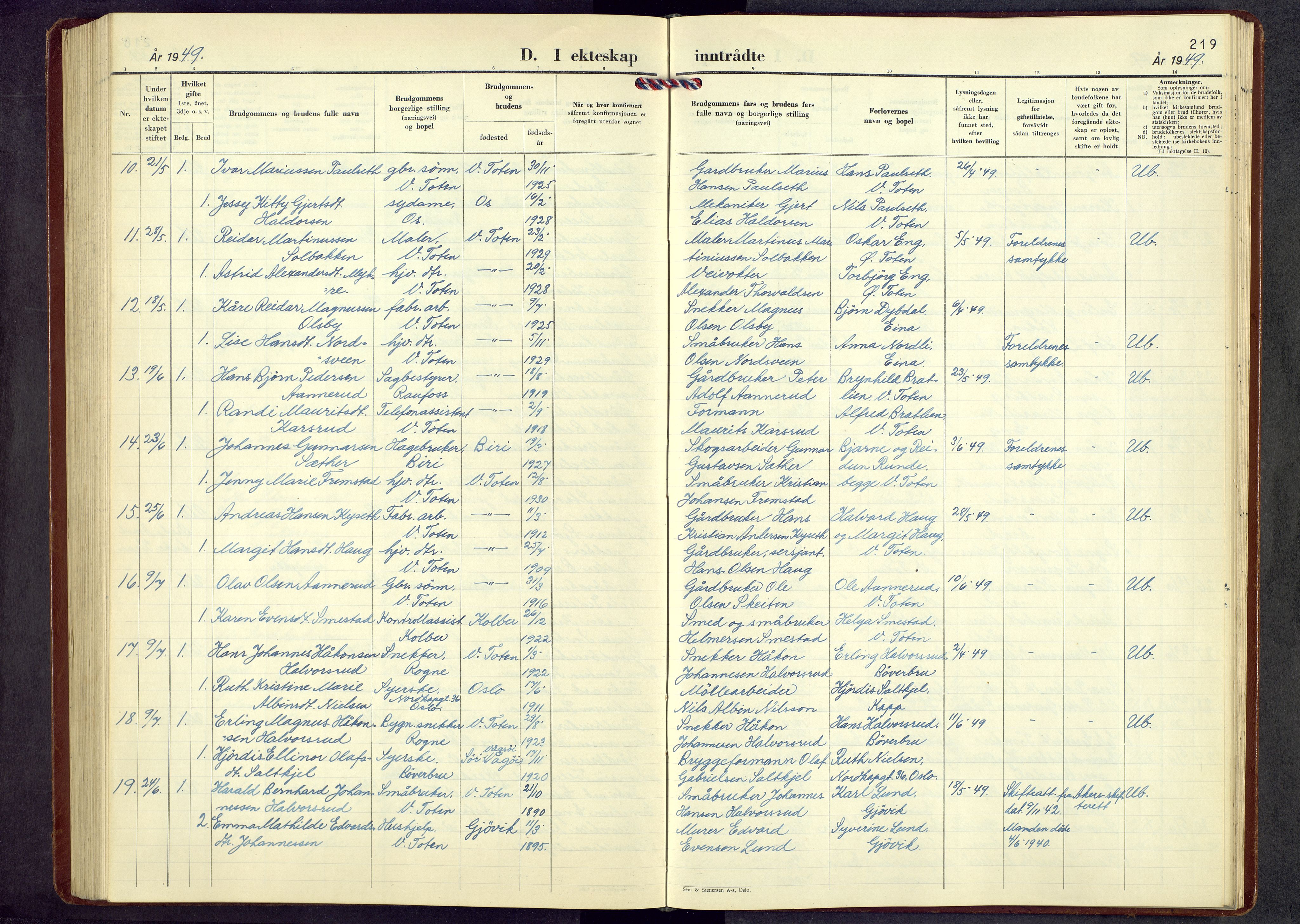 Vestre Toten prestekontor, AV/SAH-PREST-108/H/Ha/Hab/L0017: Parish register (copy) no. 17, 1947-1969, p. 219