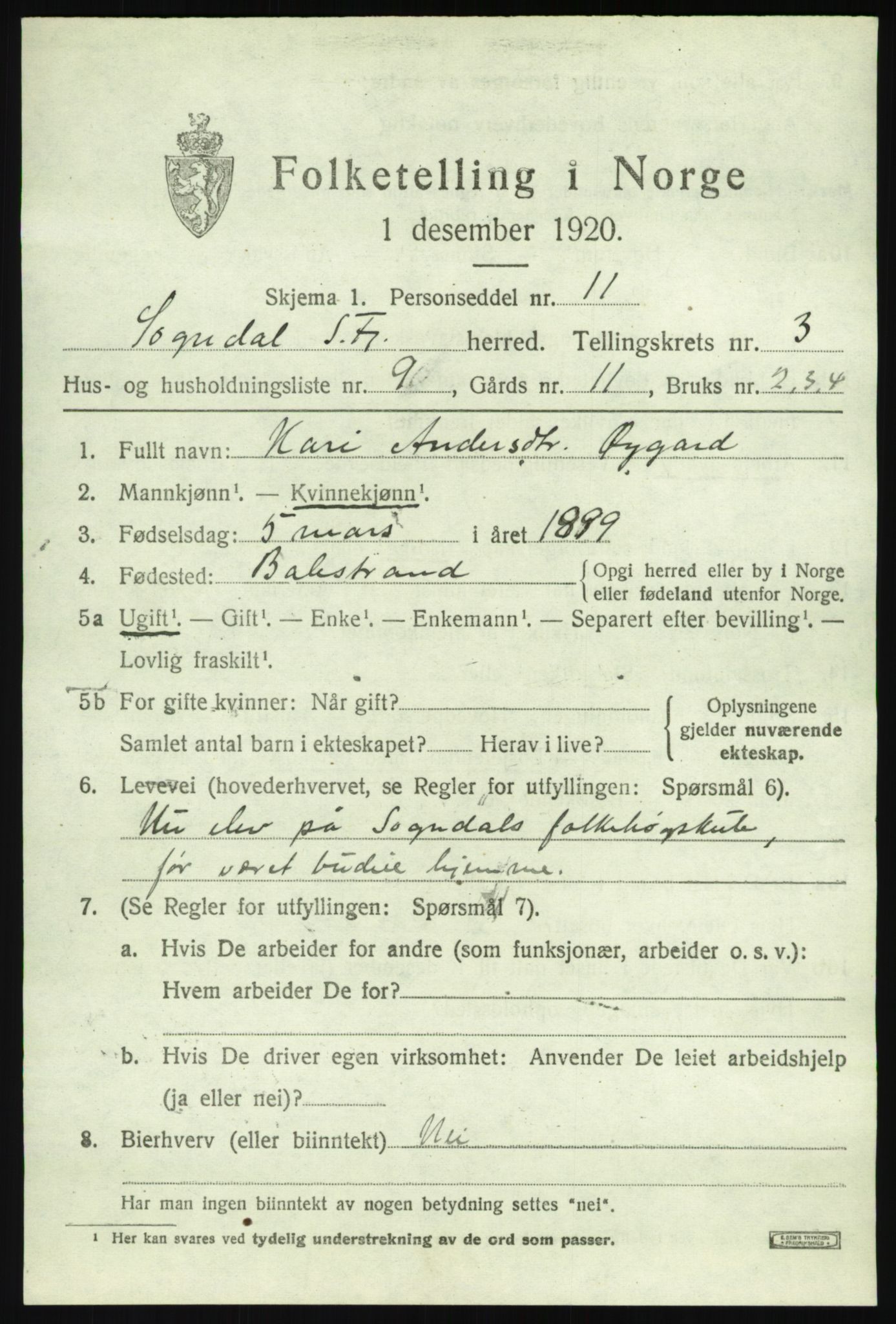 SAB, 1920 census for Sogndal, 1920, p. 2221