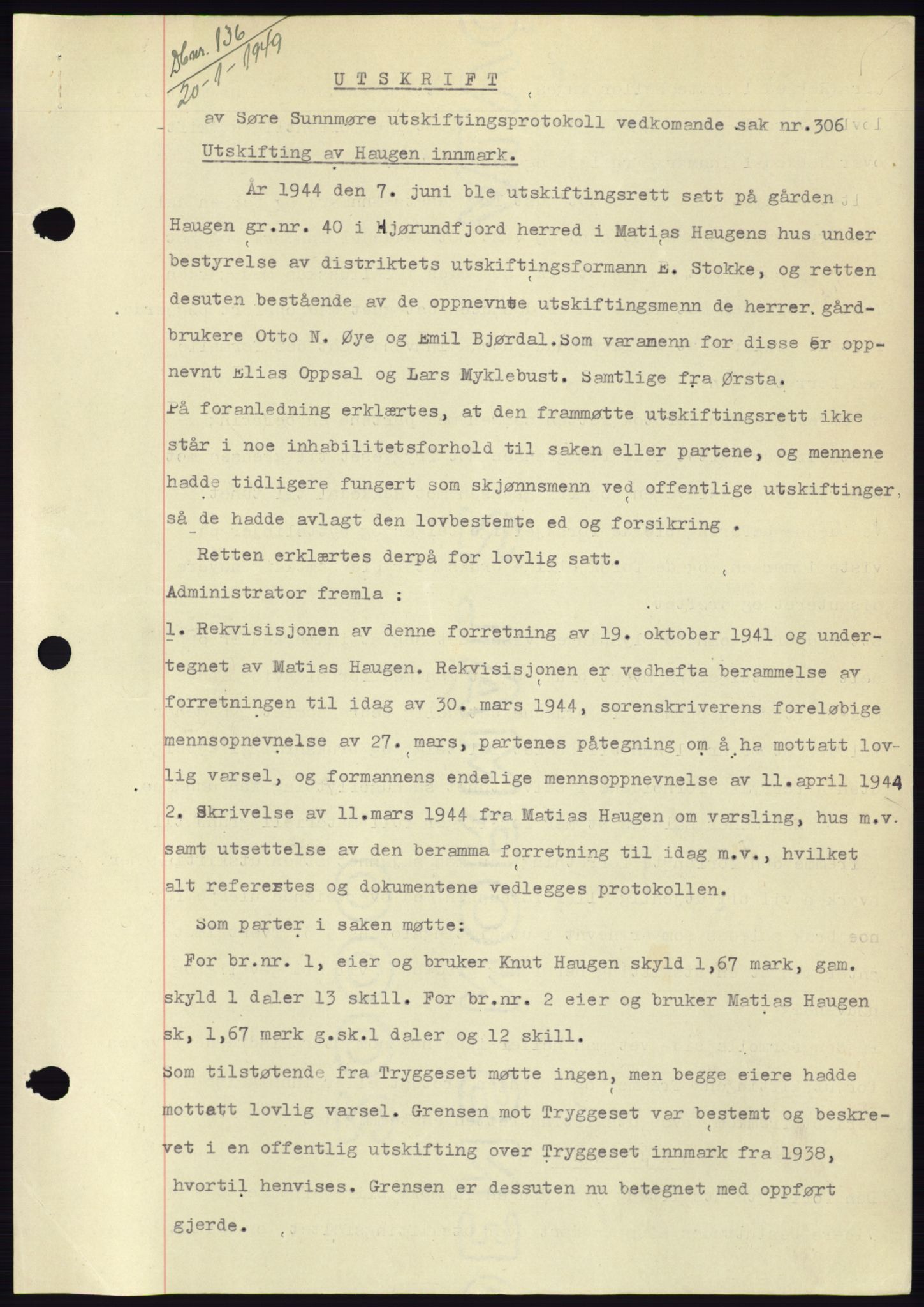 Søre Sunnmøre sorenskriveri, AV/SAT-A-4122/1/2/2C/L0083: Mortgage book no. 9A, 1948-1949, Diary no: : 136/1949