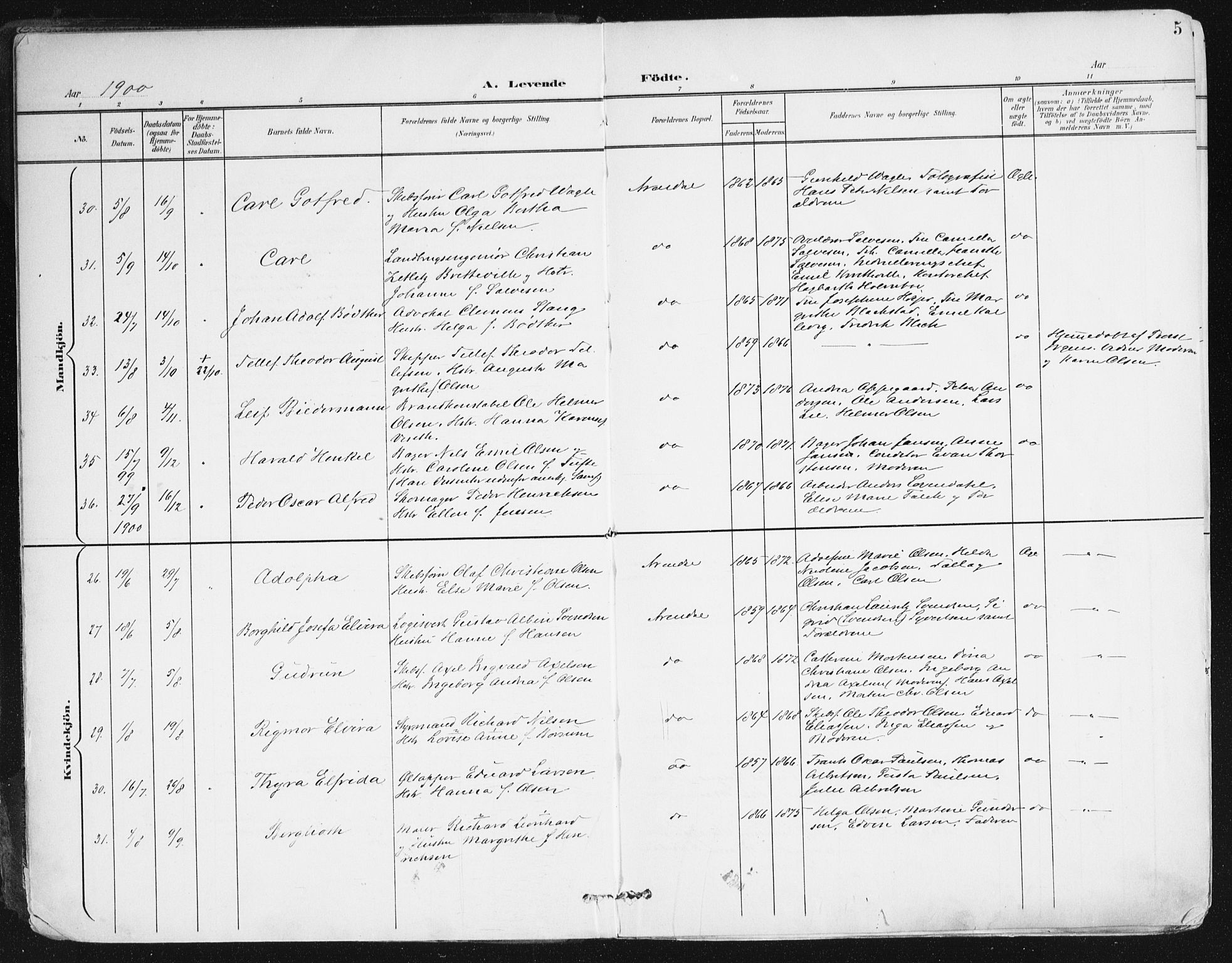 Arendal sokneprestkontor, Trefoldighet, AV/SAK-1111-0040/F/Fa/L0010: Parish register (official) no. A 10, 1900-1919, p. 5