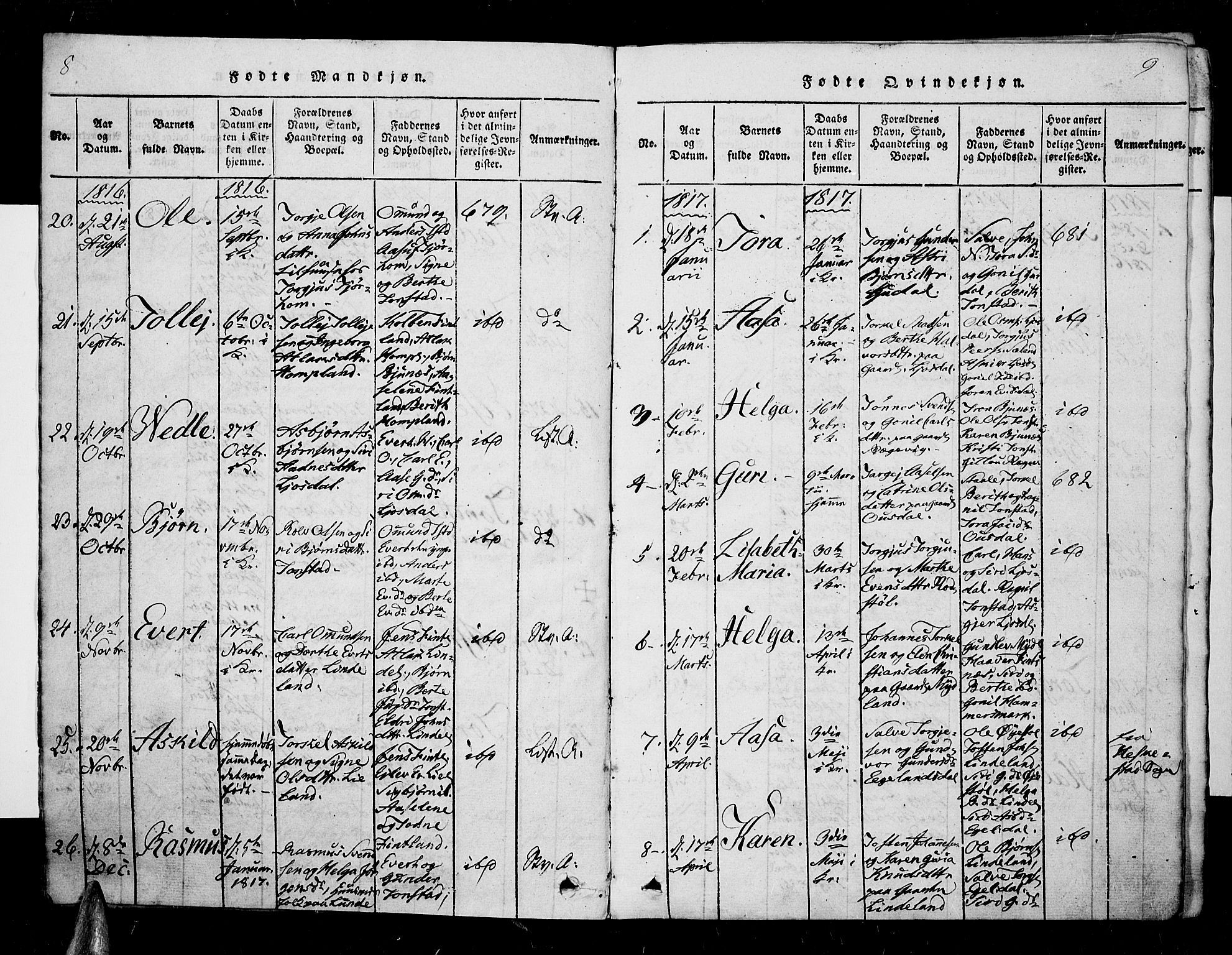 Sirdal sokneprestkontor, AV/SAK-1111-0036/F/Fa/Fab/L0001: Parish register (official) no. A 1, 1815-1834, p. 8-9