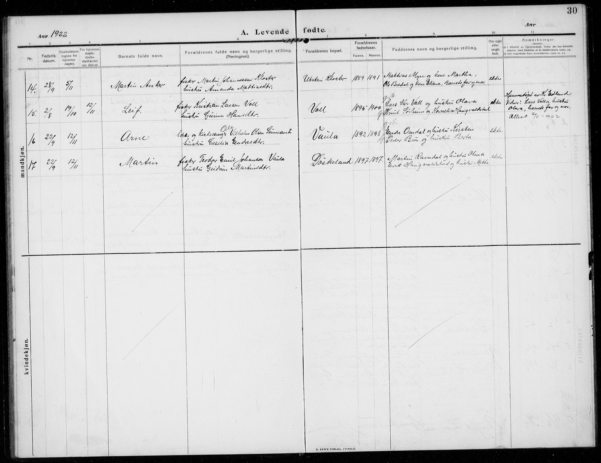 Rennesøy sokneprestkontor, AV/SAST-A -101827/H/Ha/Haa/L0017: Parish register (official) no. A 17, 1908-1926, p. 30