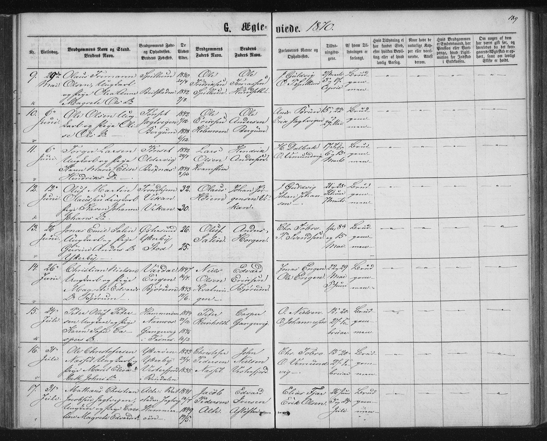 Ministerialprotokoller, klokkerbøker og fødselsregistre - Nord-Trøndelag, SAT/A-1458/768/L0570: Parish register (official) no. 768A05, 1865-1874, p. 189