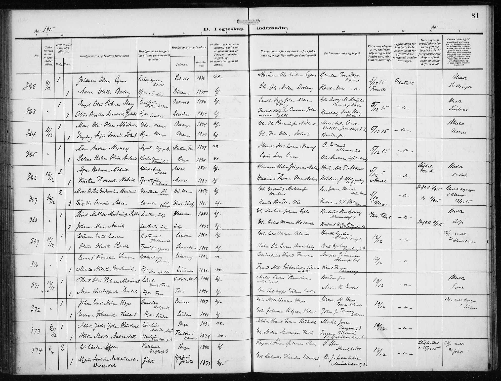 Nykirken Sokneprestembete, AV/SAB-A-77101/H/Haa/L0036: Parish register (official) no. D 6, 1913-1918, p. 81