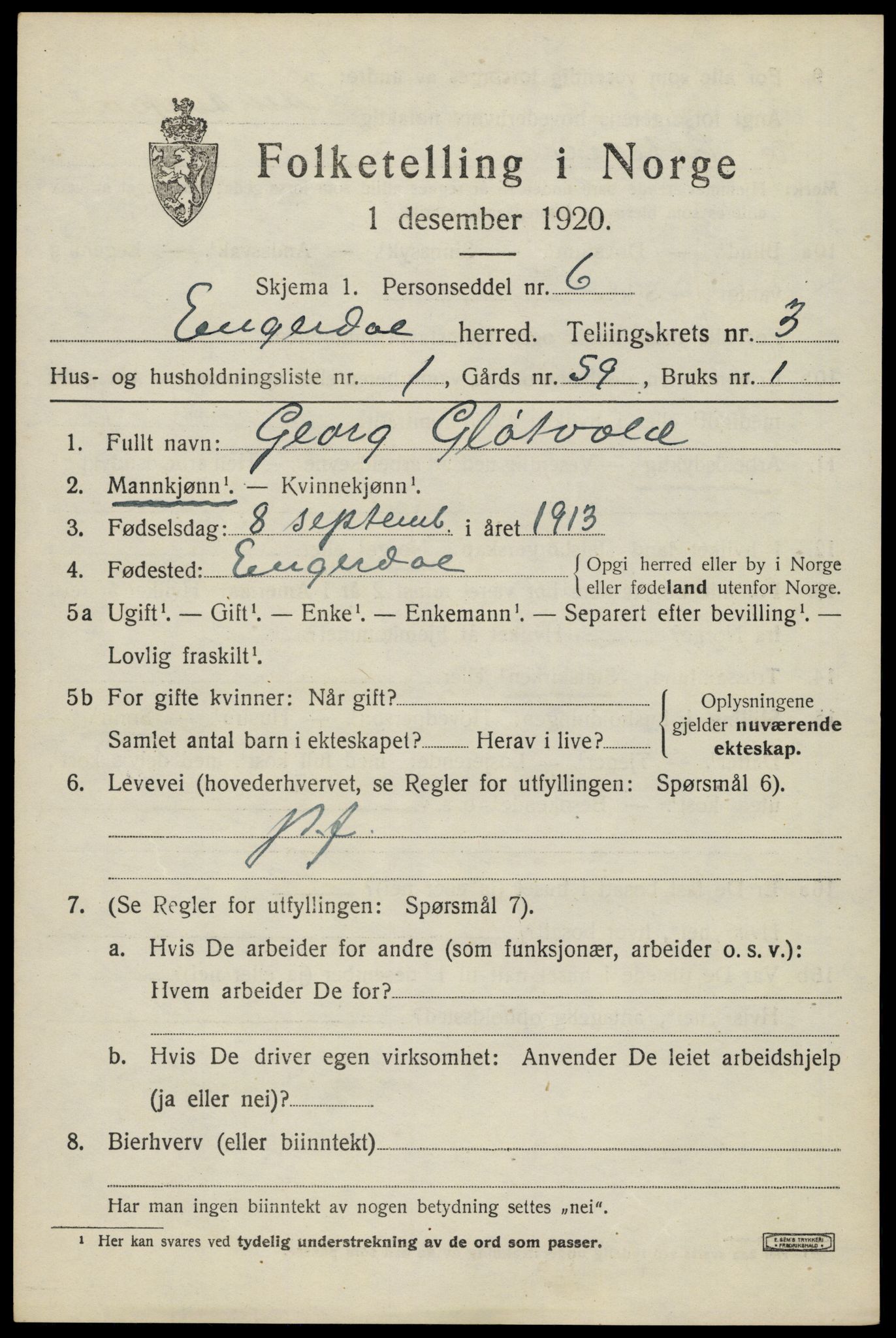 SAH, 1920 census for Engerdal, 1920, p. 1521