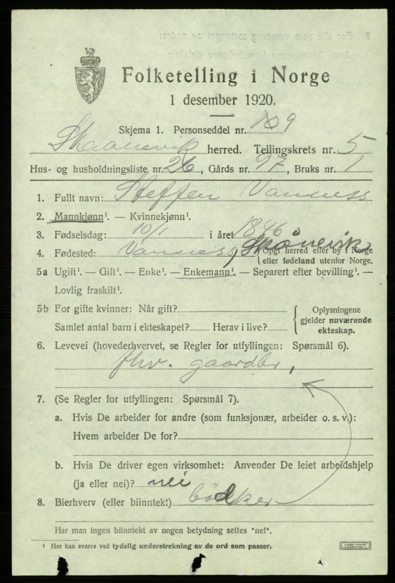 SAB, 1920 census for Skånevik, 1920, p. 4061