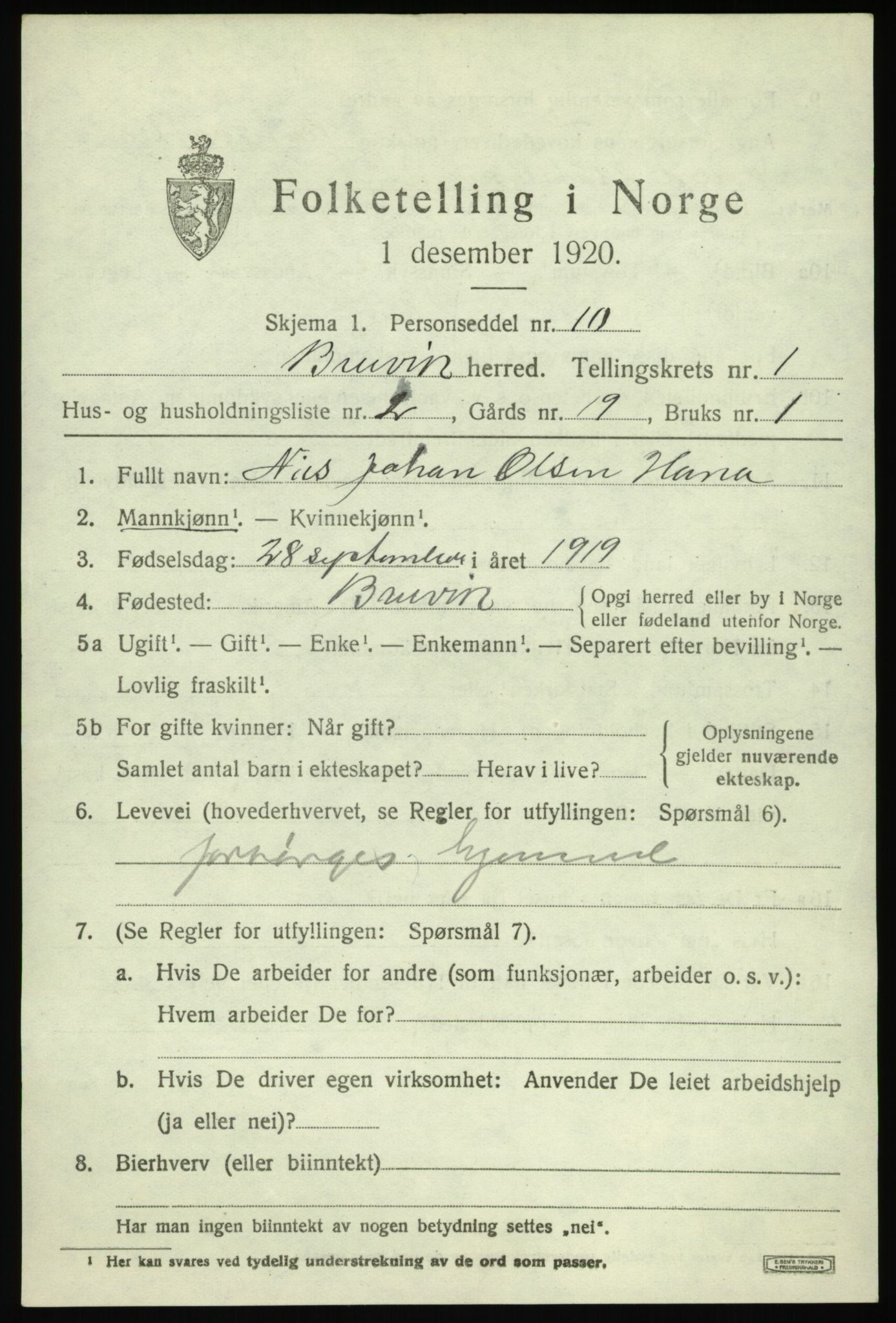 SAB, 1920 census for Bruvik, 1920, p. 1124