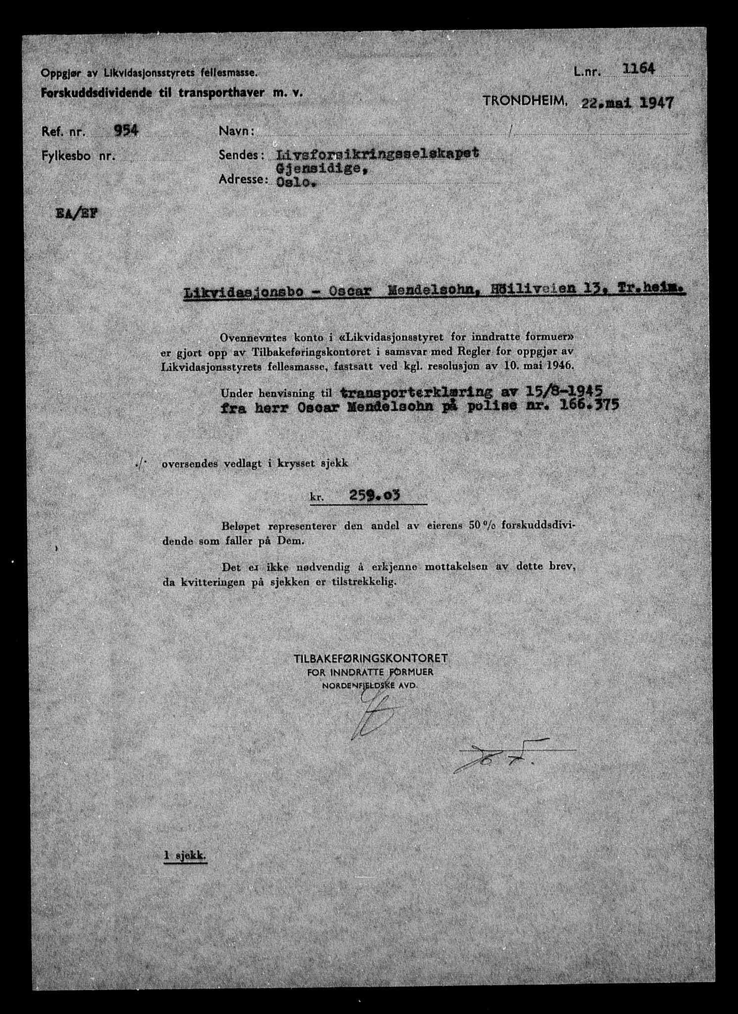 Justisdepartementet, Tilbakeføringskontoret for inndratte formuer, AV/RA-S-1564/H/Hc/Hca/L0905: --, 1945-1947, p. 485