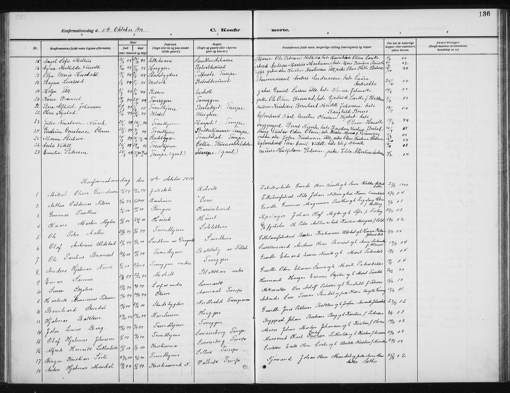 Ministerialprotokoller, klokkerbøker og fødselsregistre - Sør-Trøndelag, SAT/A-1456/606/L0314: Parish register (copy) no. 606C10, 1911-1937, p. 136