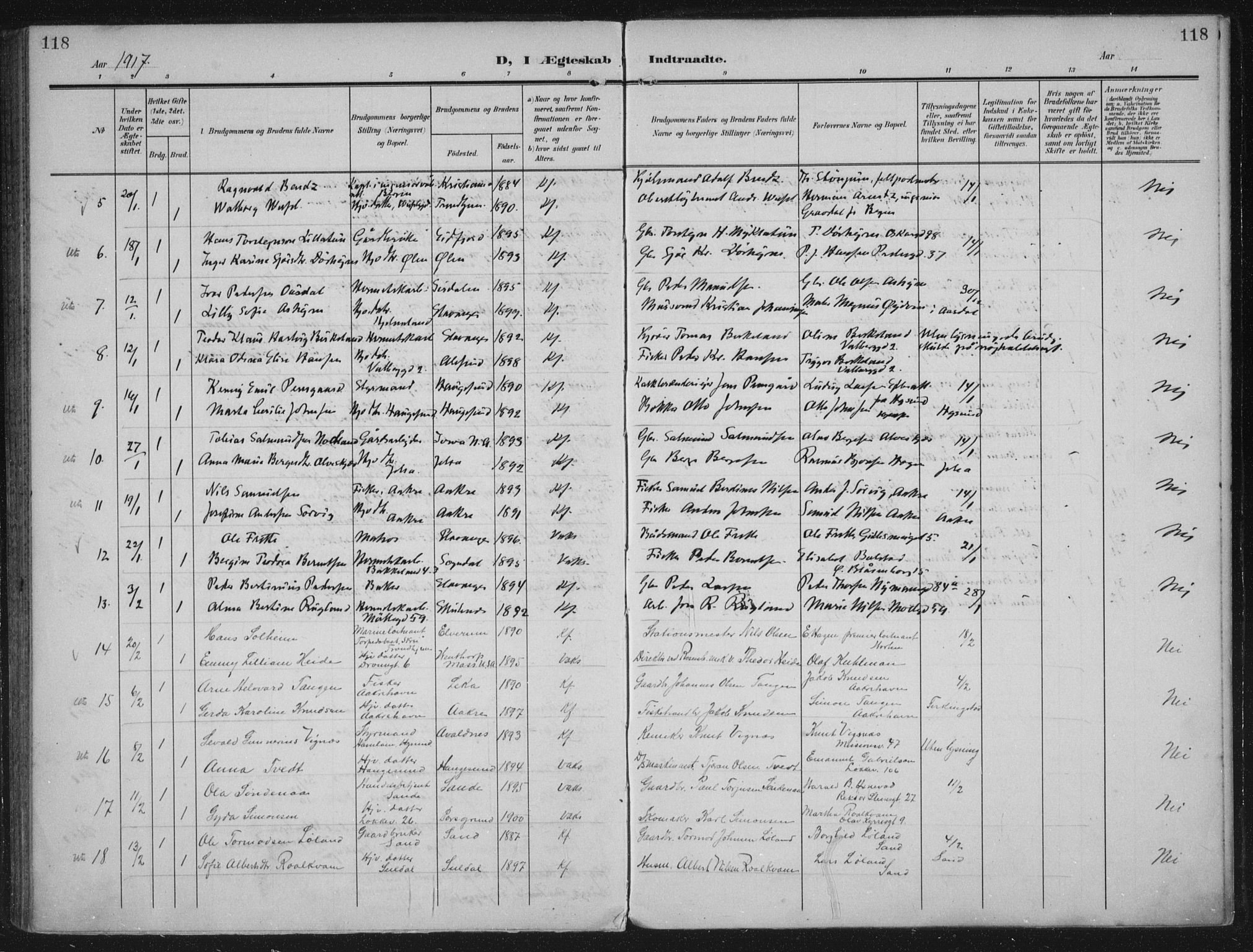 Domkirken sokneprestkontor, AV/SAST-A-101812/002/A/L0016: Parish register (official) no. A 33, 1905-1922, p. 118