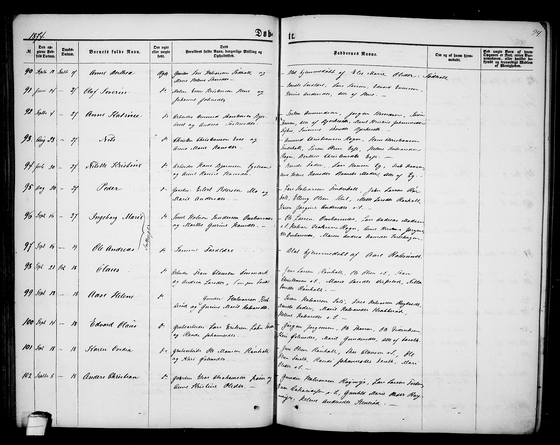 Bamble kirkebøker, AV/SAKO-A-253/G/Ga/L0006: Parish register (copy) no. I 6, 1860-1876, p. 94