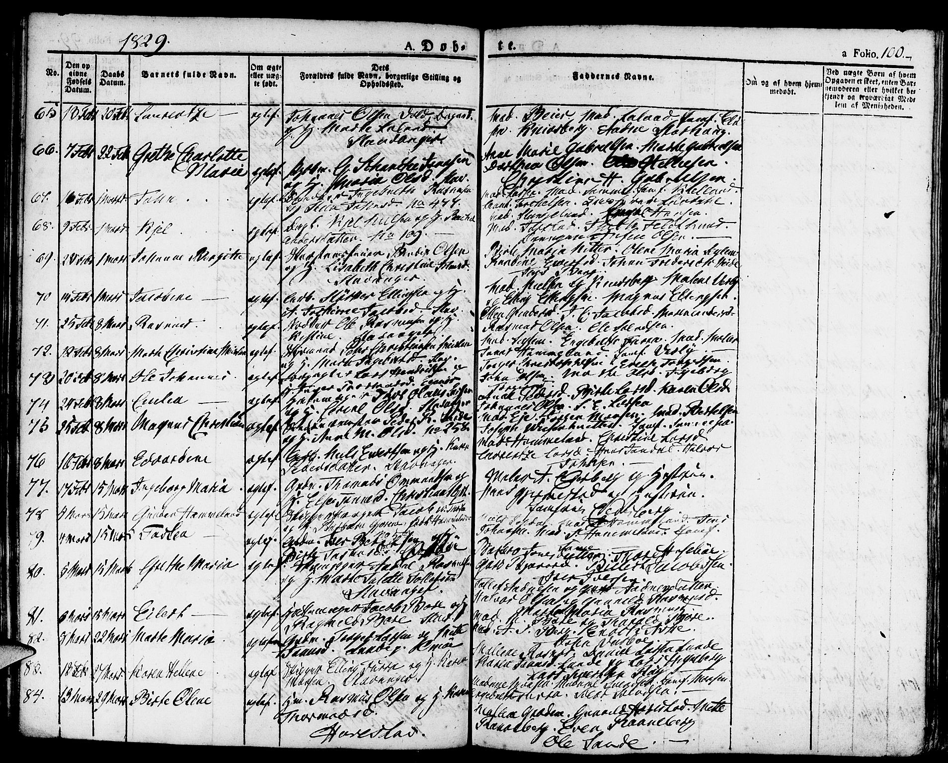 Domkirken sokneprestkontor, SAST/A-101812/001/30/30BA/L0009: Parish register (official) no. A 9, 1821-1832, p. 100