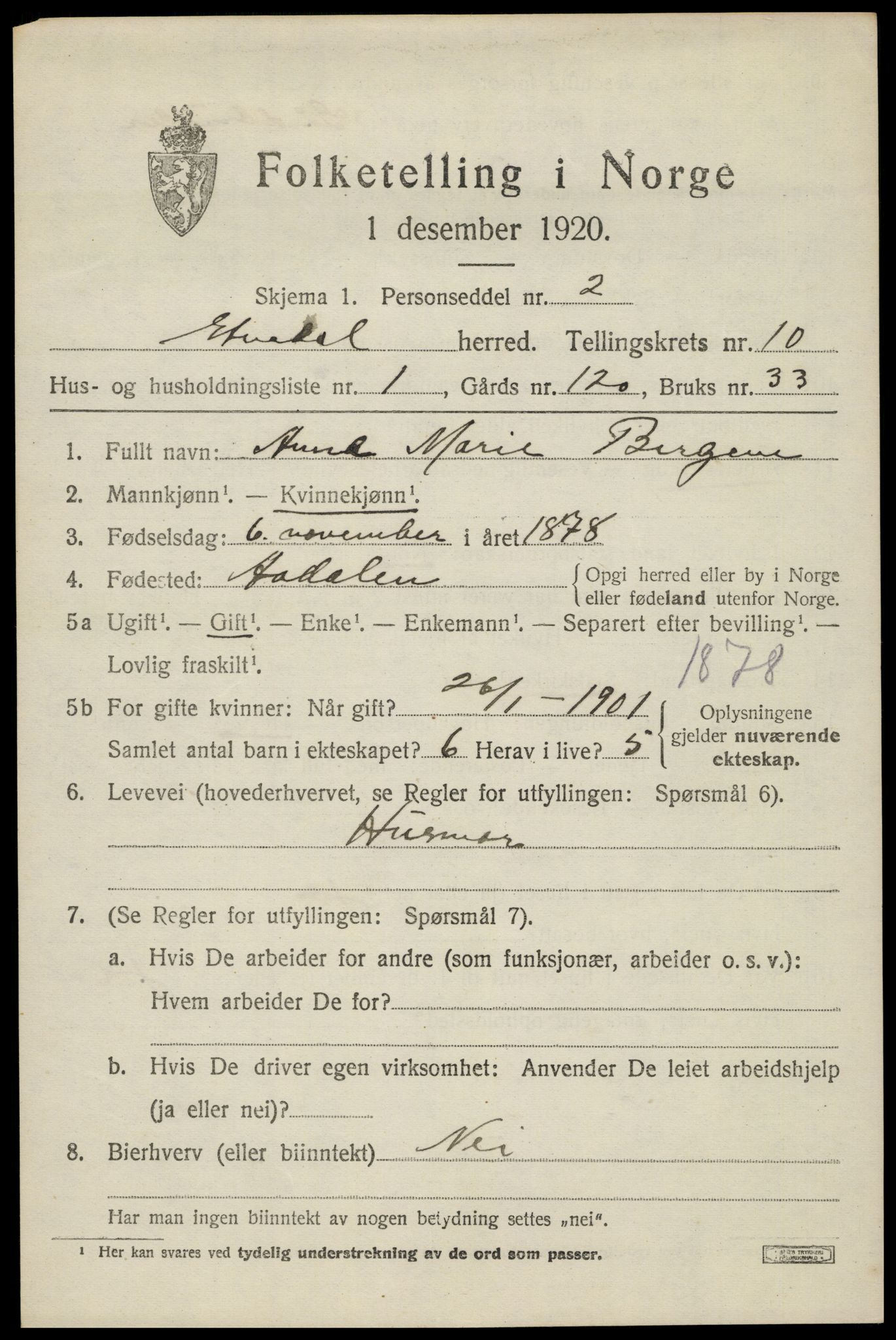 SAH, 1920 census for Etnedal, 1920, p. 4406