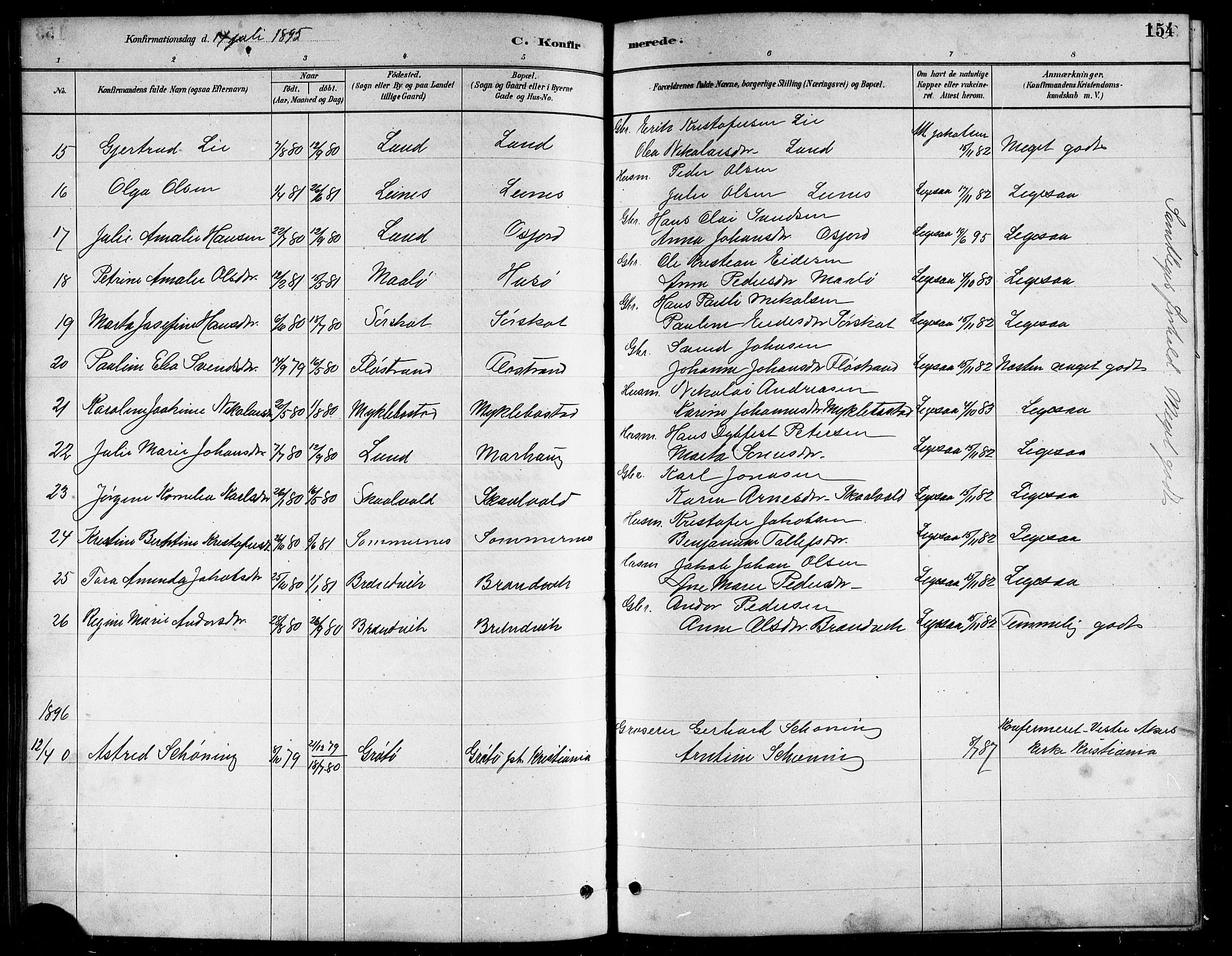 Ministerialprotokoller, klokkerbøker og fødselsregistre - Nordland, AV/SAT-A-1459/857/L0828: Parish register (copy) no. 857C03, 1879-1908, p. 154