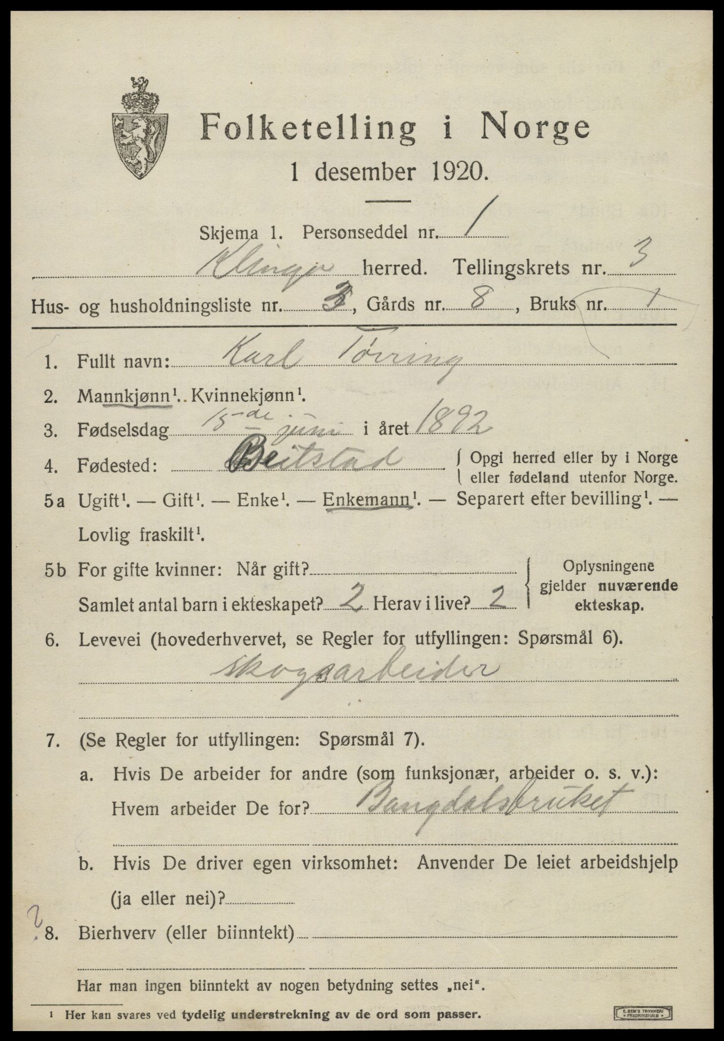 SAT, 1920 census for Klinga, 1920, p. 2085