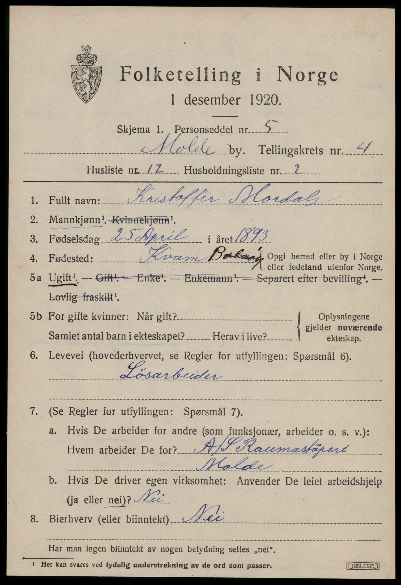 SAT, 1920 census for Molde, 1920, p. 5419