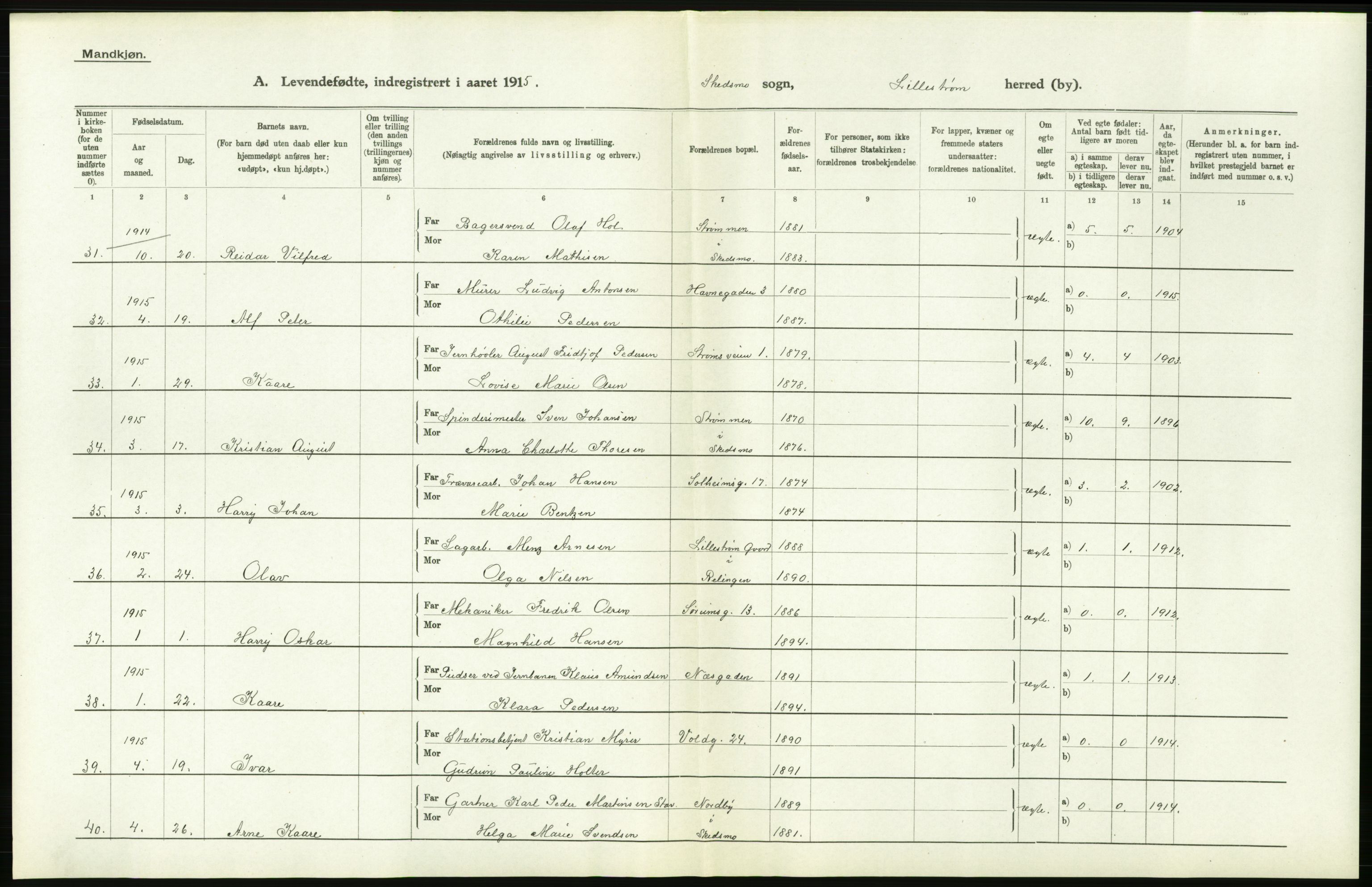 Statistisk sentralbyrå, Sosiodemografiske emner, Befolkning, AV/RA-S-2228/D/Df/Dfb/Dfbe/L0004: Akershus amt: Levendefødte menn og kvinner. Bygder og byer., 1915, p. 40