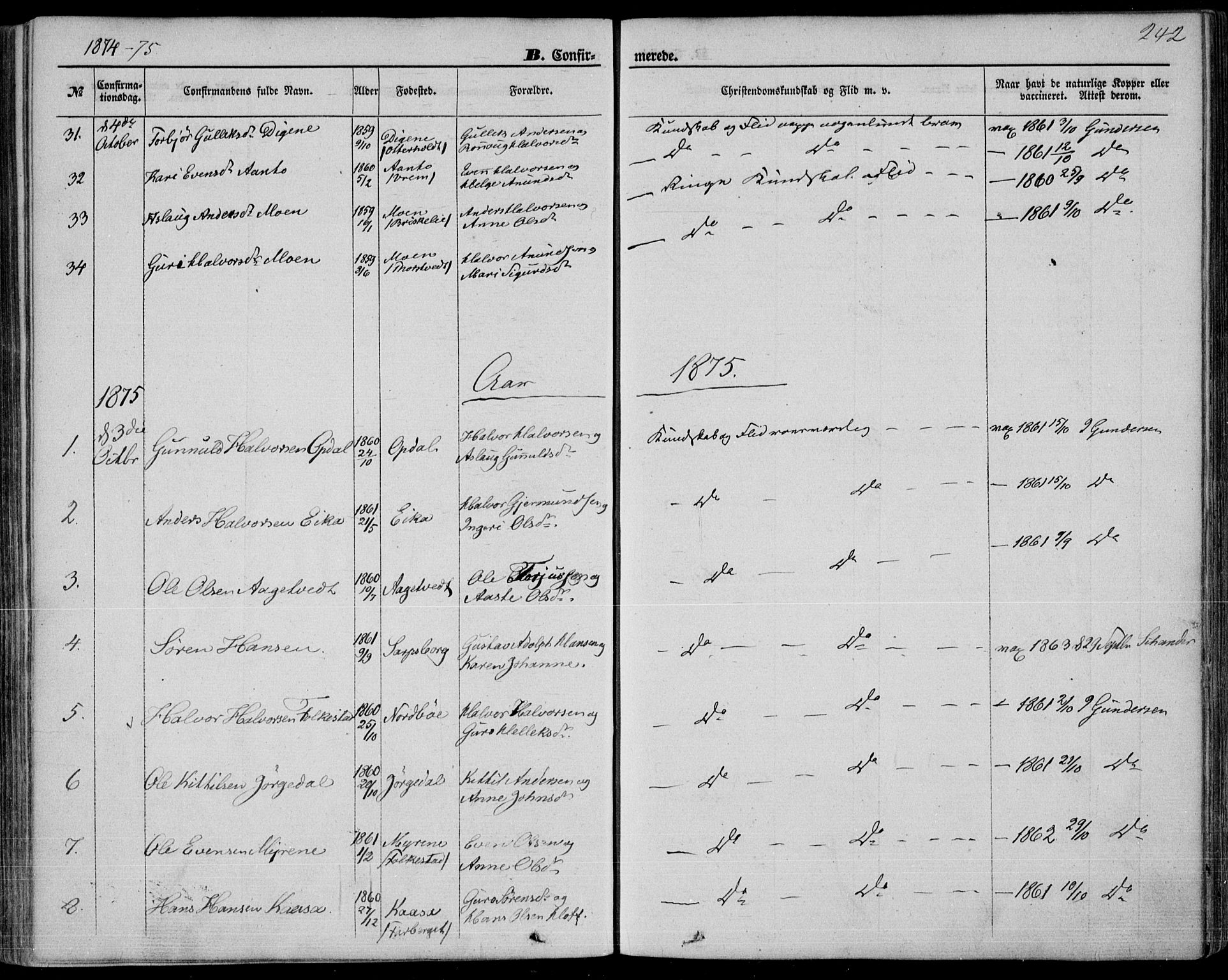 Bø kirkebøker, SAKO/A-257/F/Fa/L0009: Parish register (official) no. 9, 1862-1879, p. 242