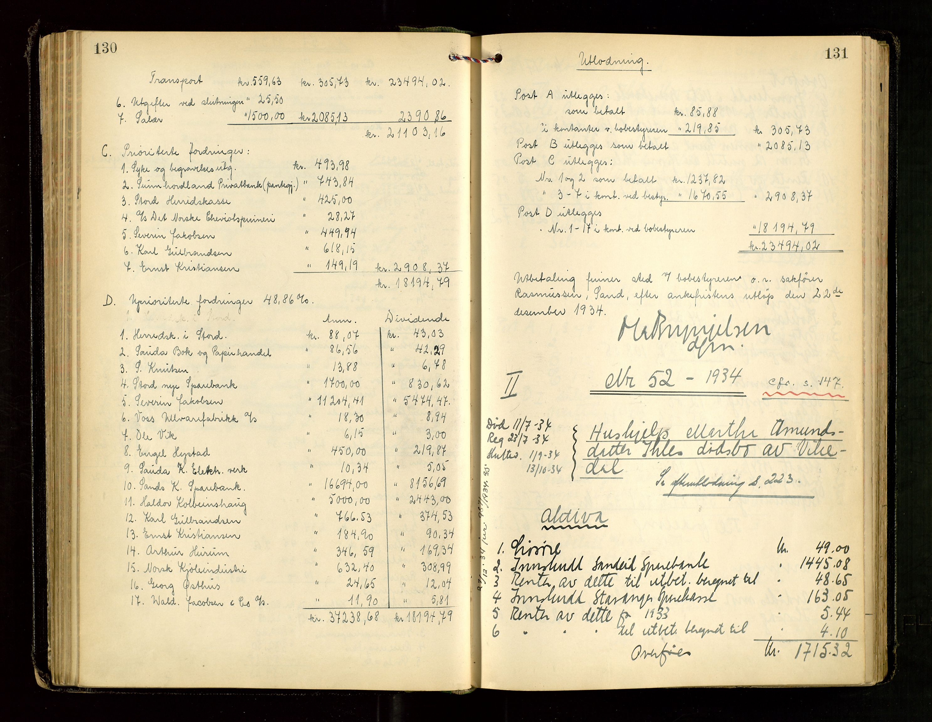 Ryfylke tingrett, AV/SAST-A-100055/001/IV/IVG/L0008: Skifteutlodningsprotokoll Med register, 1933-1939, p. 130-131