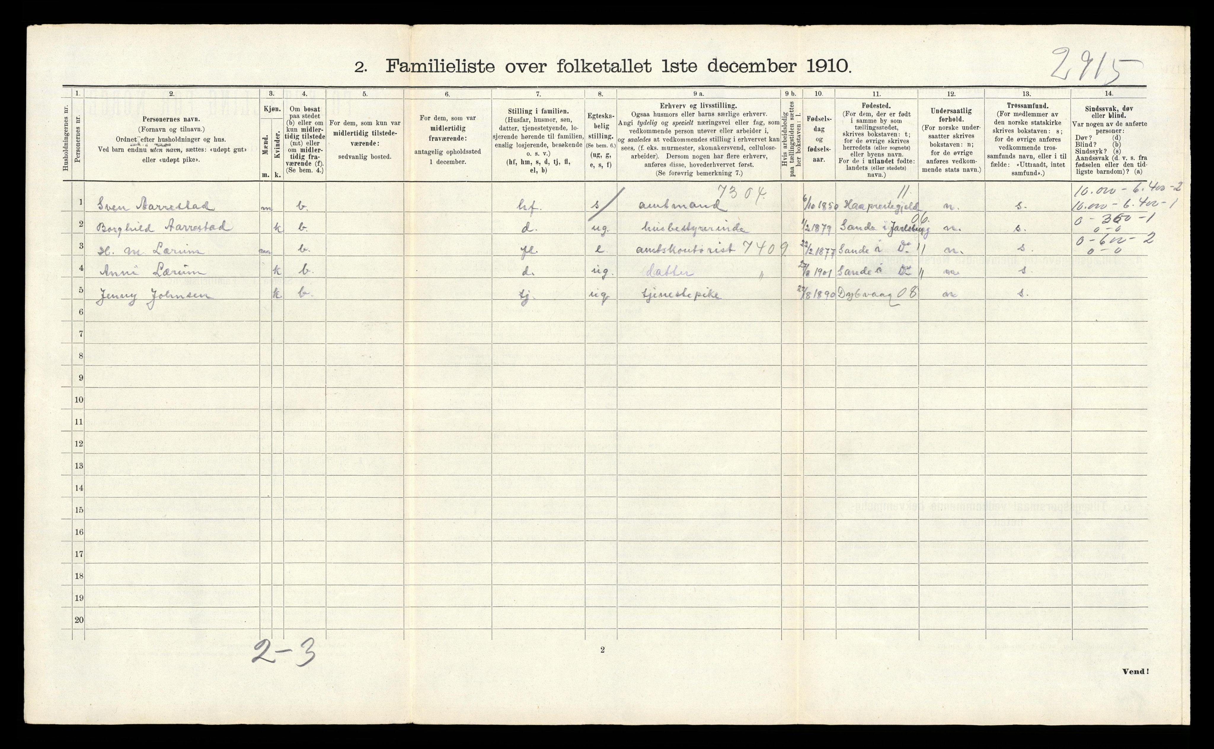 RA, 1910 census for Arendal, 1910, p. 3960