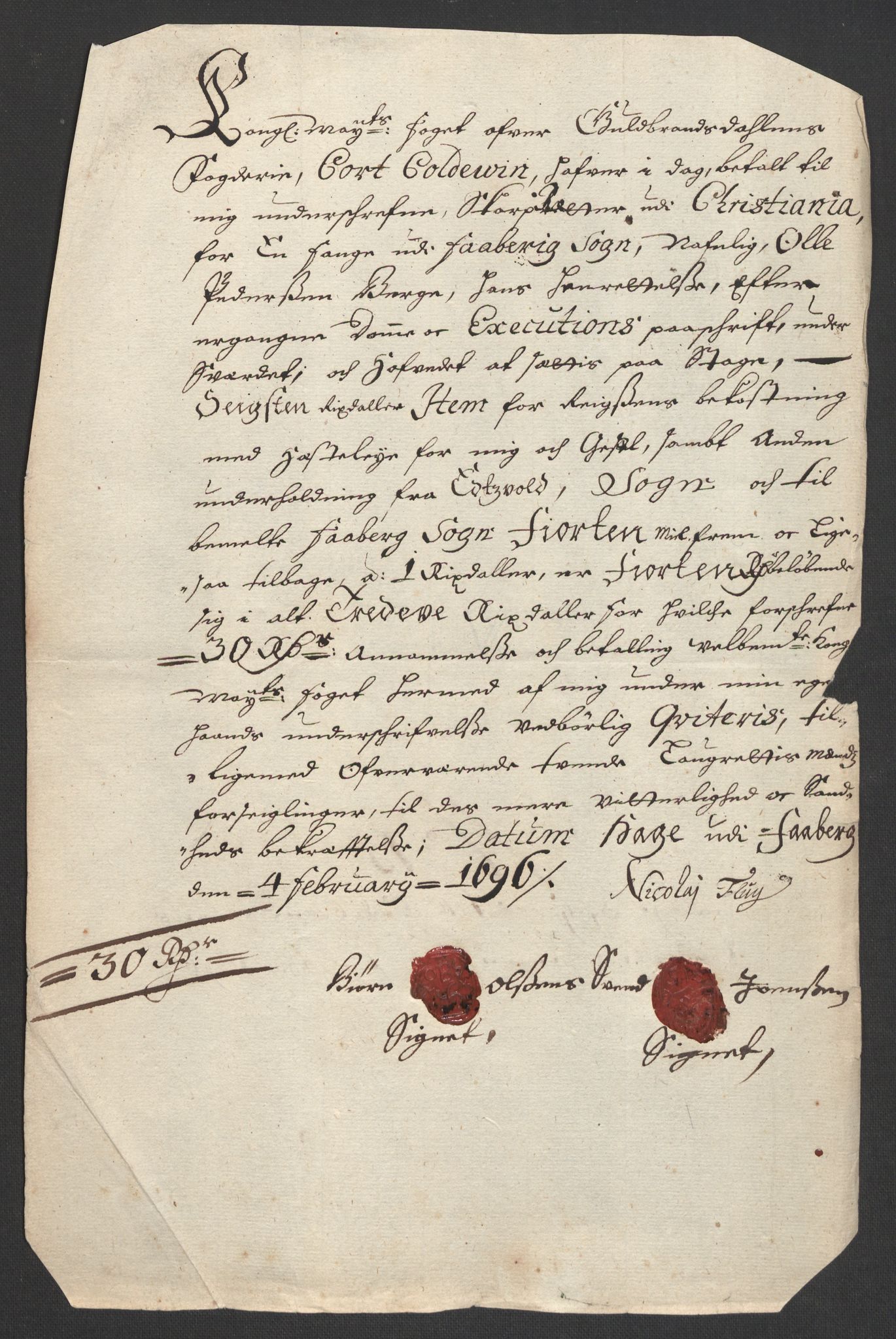 Rentekammeret inntil 1814, Reviderte regnskaper, Fogderegnskap, RA/EA-4092/R17/L1170: Fogderegnskap Gudbrandsdal, 1696-1697, p. 159