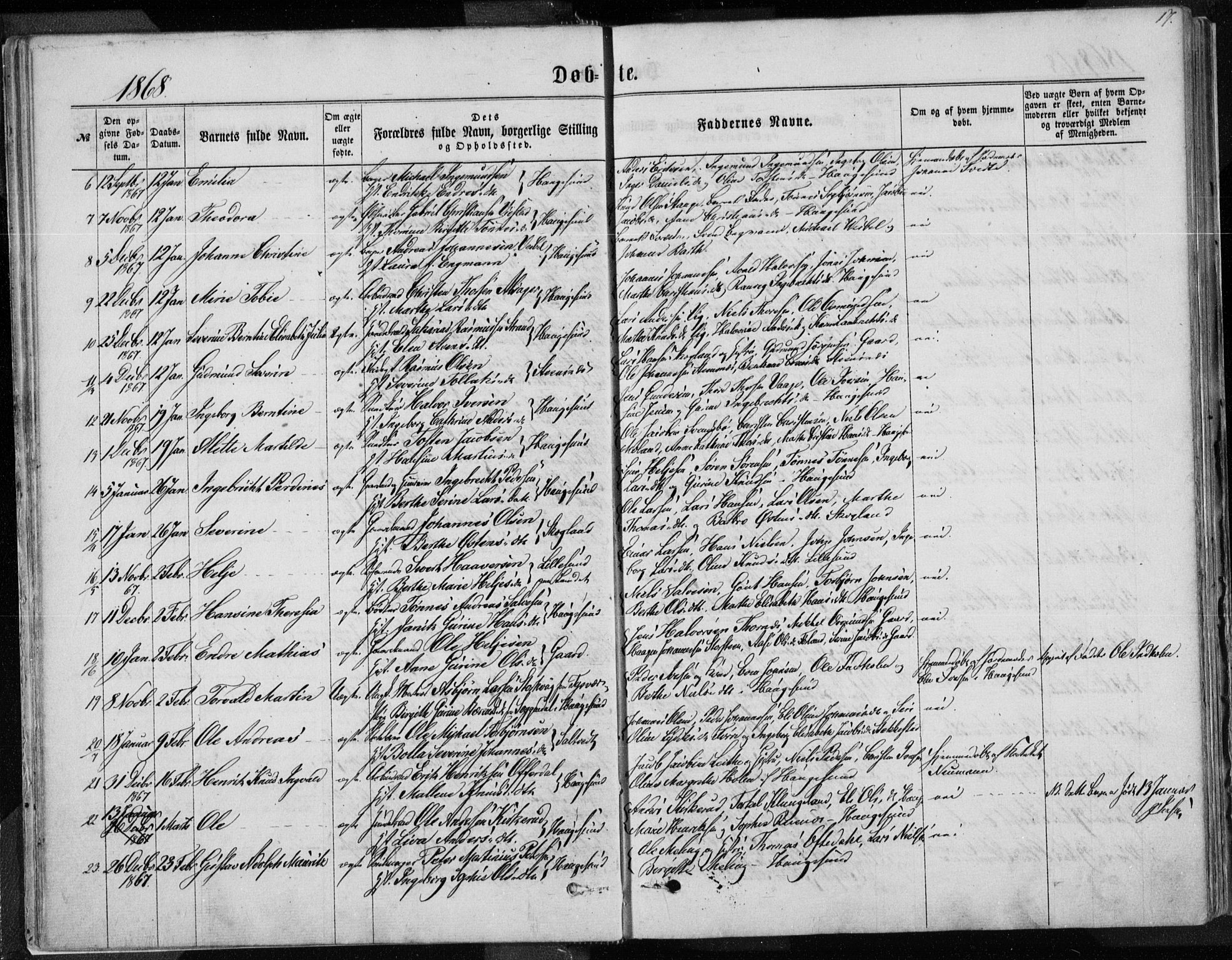 Torvastad sokneprestkontor, SAST/A -101857/H/Ha/Haa/L0012: Parish register (official) no. A 12.1, 1867-1877, p. 17