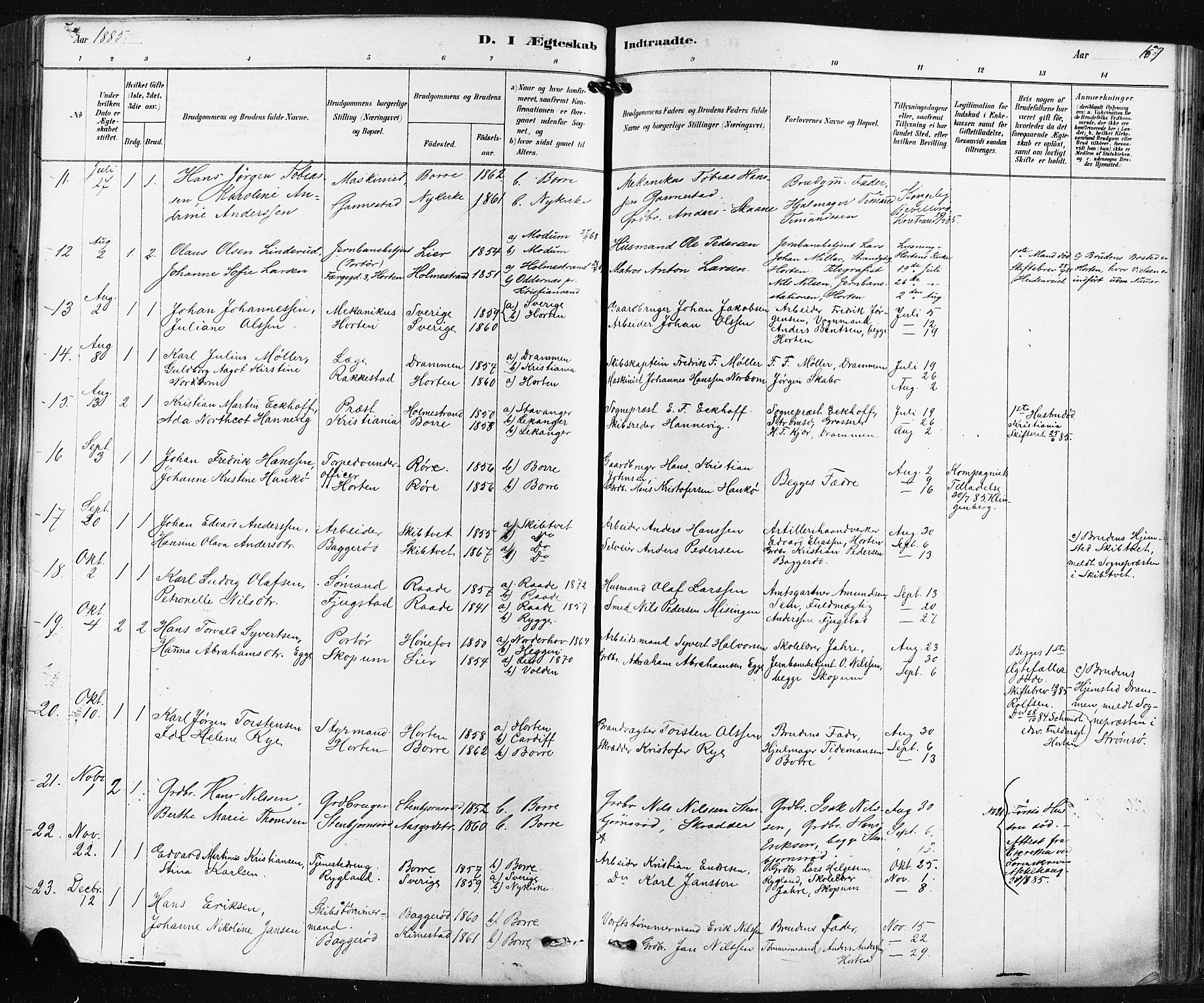 Borre kirkebøker, AV/SAKO-A-338/F/Fa/L0009: Parish register (official) no. I 9, 1878-1896, p. 157