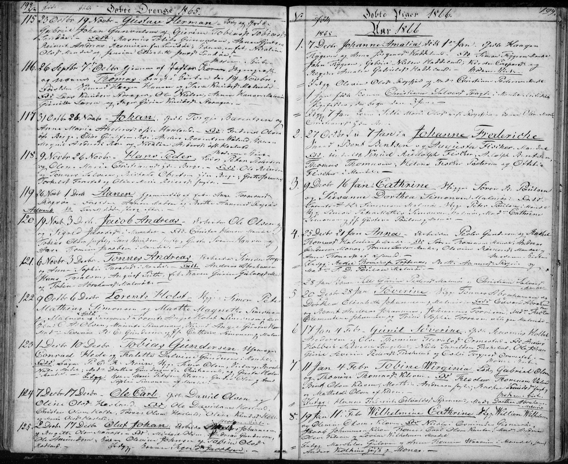 Mandal sokneprestkontor, SAK/1111-0030/F/Fb/Fba/L0008: Parish register (copy) no. B 2, 1854-1868, p. 198-199