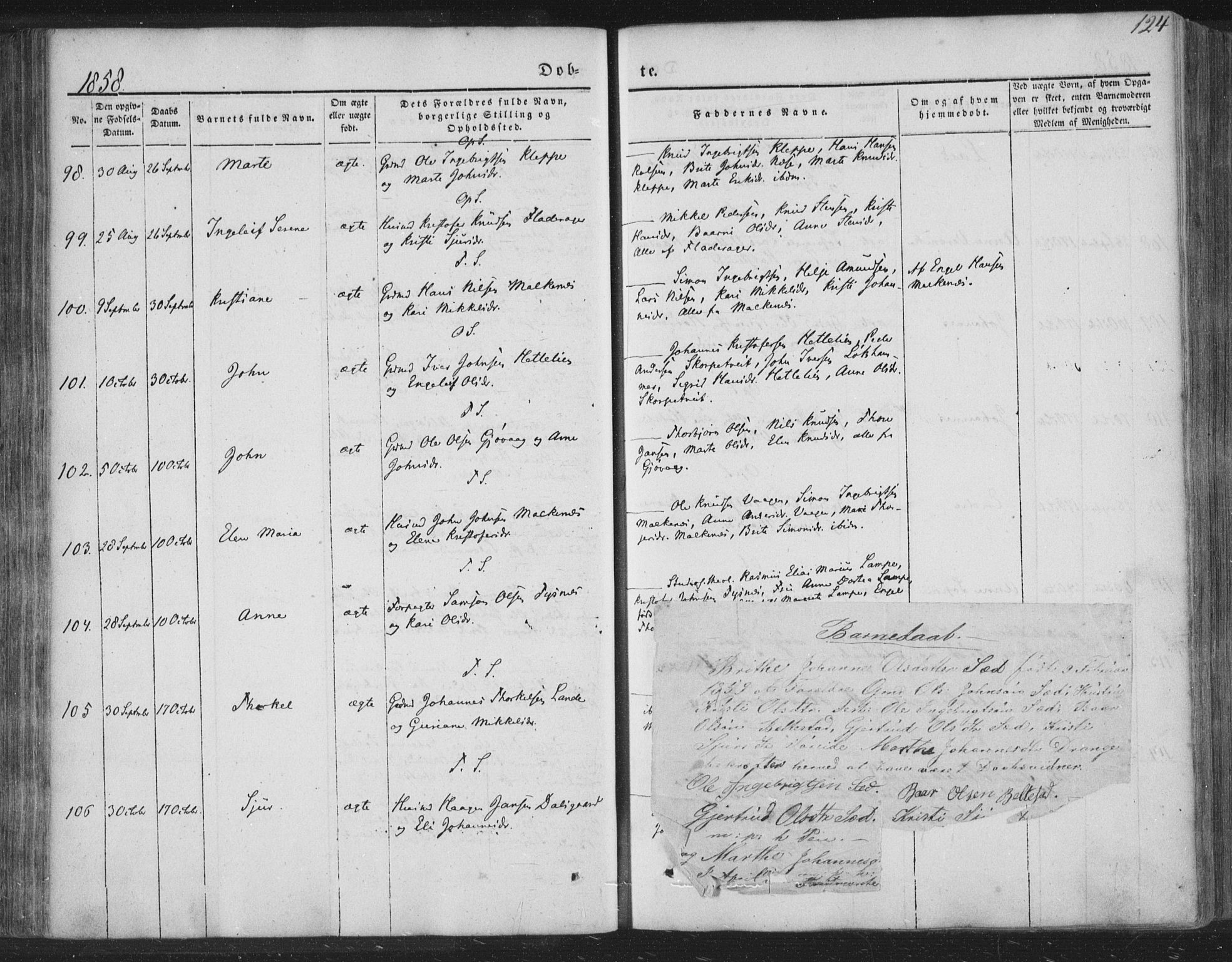 Tysnes sokneprestembete, AV/SAB-A-78601/H/Haa: Parish register (official) no. A 10, 1848-1859, p. 124