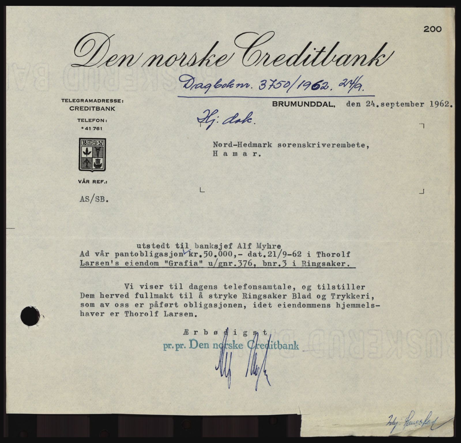 Nord-Hedmark sorenskriveri, SAH/TING-012/H/Hc/L0016: Mortgage book no. 16, 1962-1962, Diary no: : 3750/1962