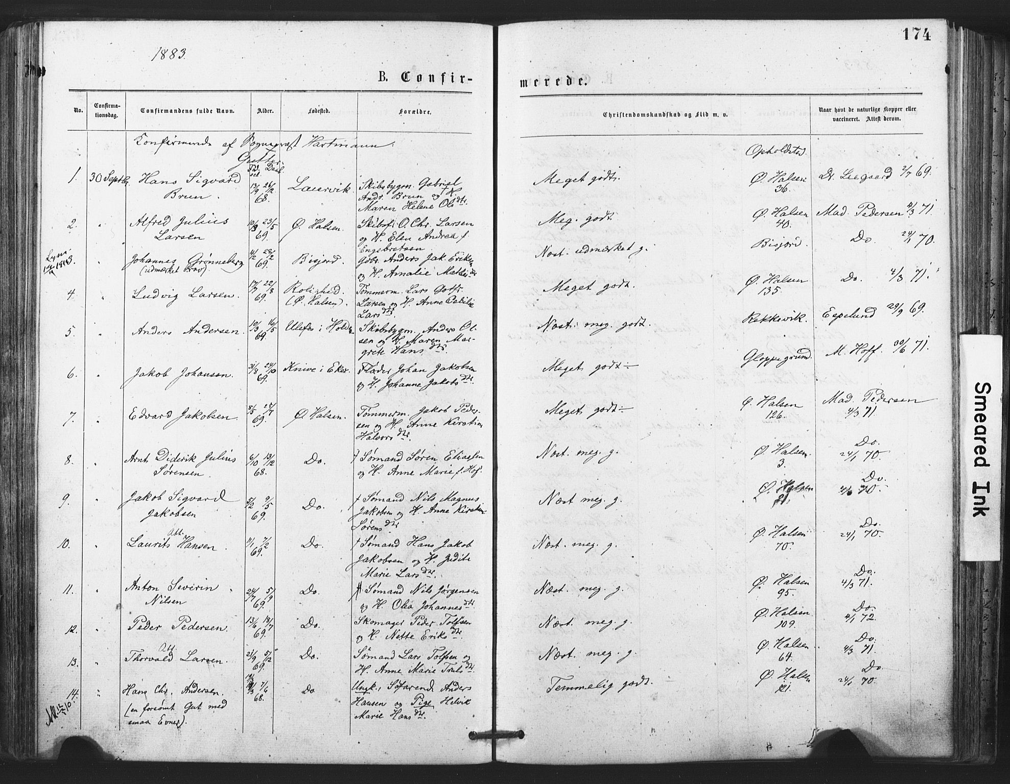 Tjølling kirkebøker, SAKO/A-60/F/Fa/L0008: Parish register (official) no. 8, 1877-1886, p. 174