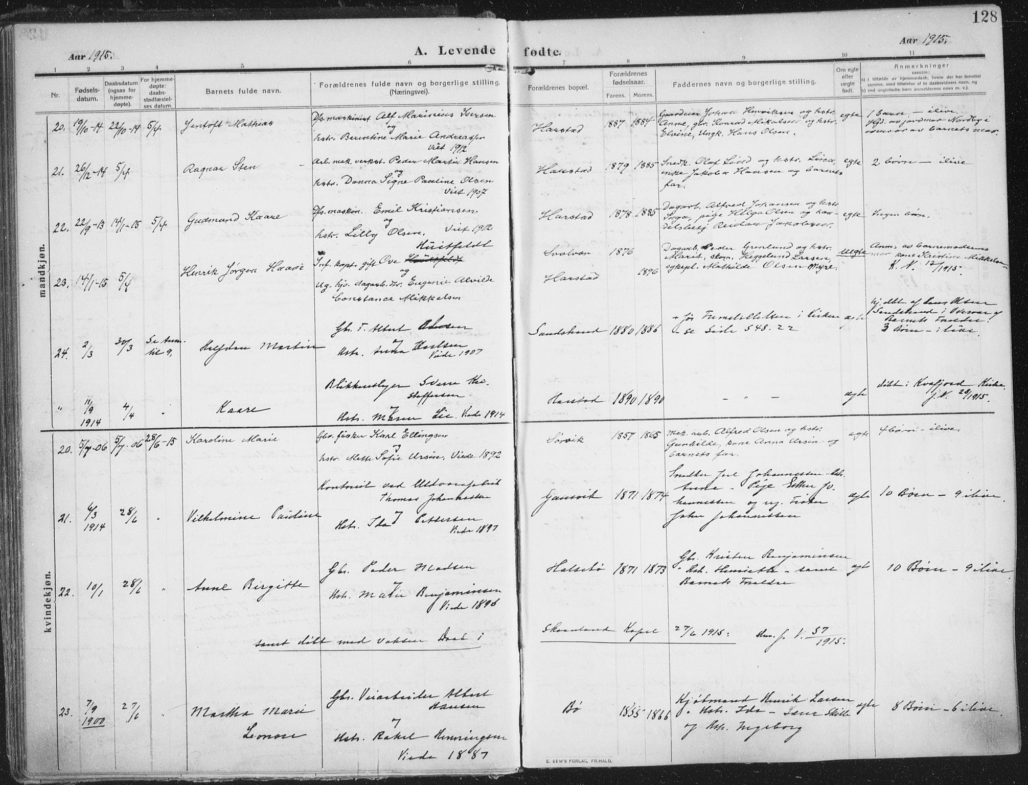 Trondenes sokneprestkontor, SATØ/S-1319/H/Ha/L0018kirke: Parish register (official) no. 18, 1909-1918, p. 128
