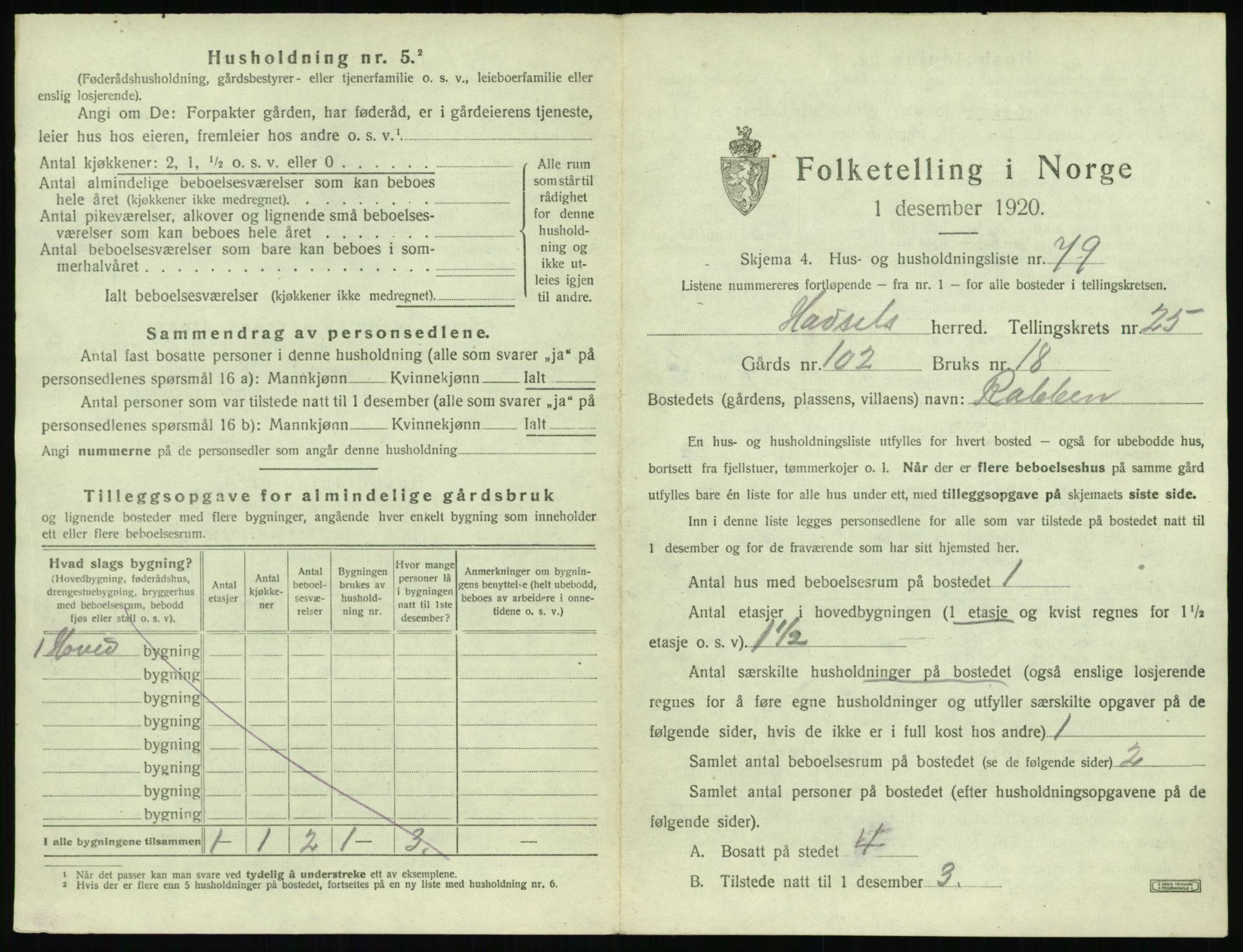 SAT, 1920 census for Hadsel, 1920, p. 3388