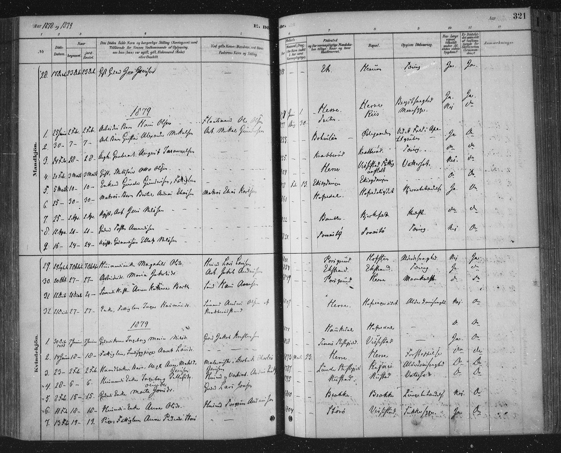 Bamble kirkebøker, SAKO/A-253/F/Fa/L0007: Parish register (official) no. I 7, 1878-1888, p. 321