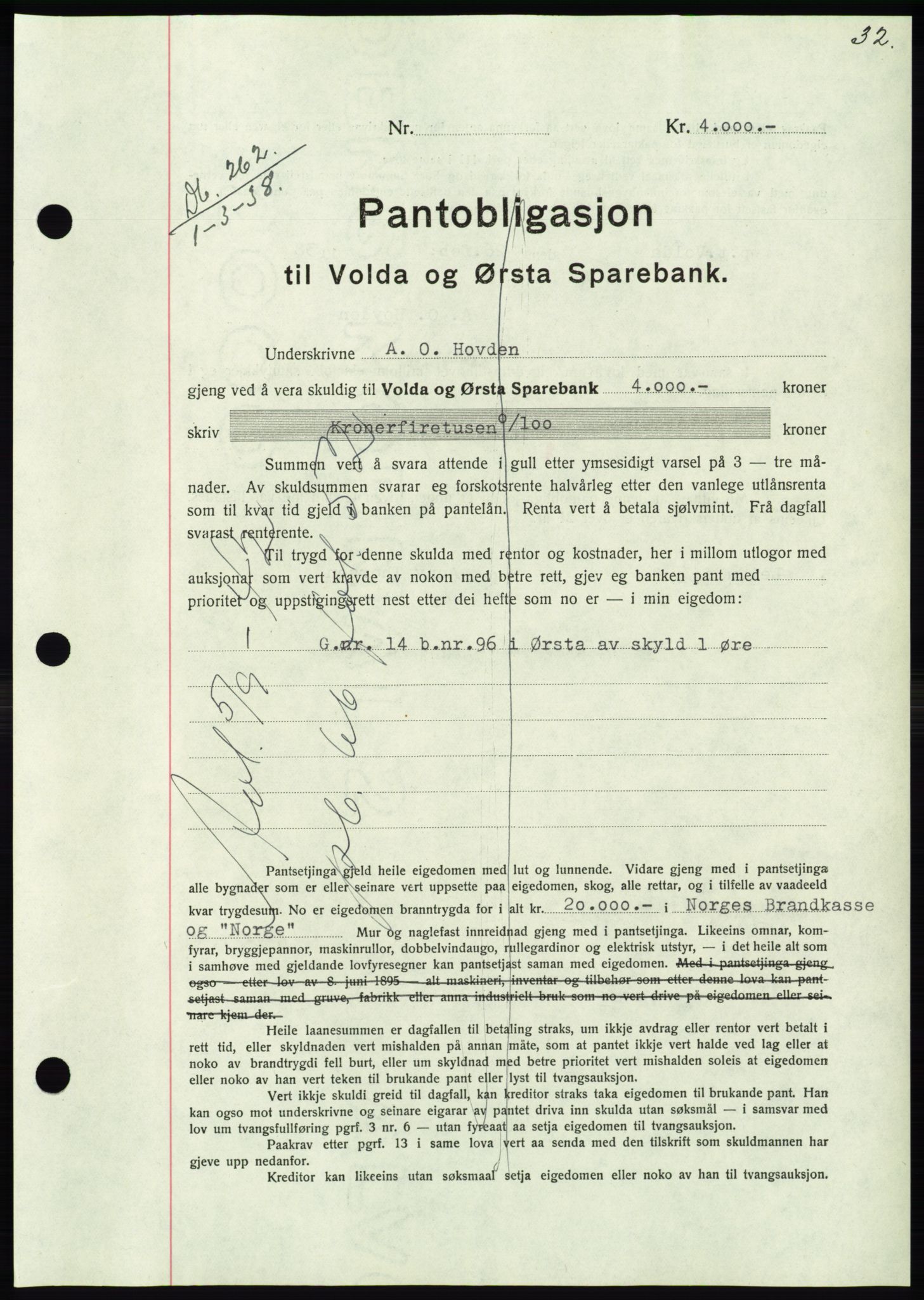 Søre Sunnmøre sorenskriveri, AV/SAT-A-4122/1/2/2C/L0065: Mortgage book no. 59, 1938-1938, Diary no: : 262/1938