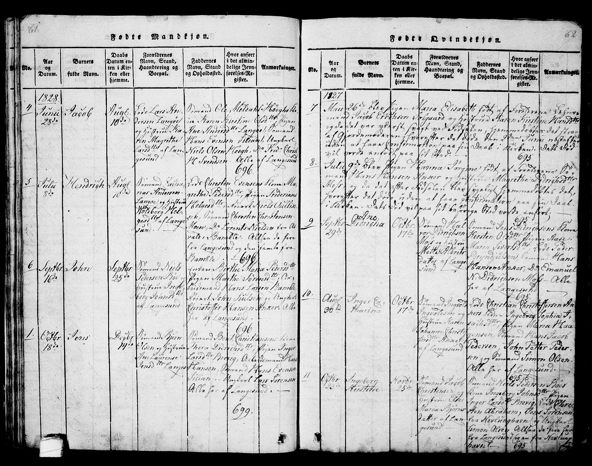 Langesund kirkebøker, SAKO/A-280/G/Ga/L0003: Parish register (copy) no. 3, 1815-1858, p. 61-62