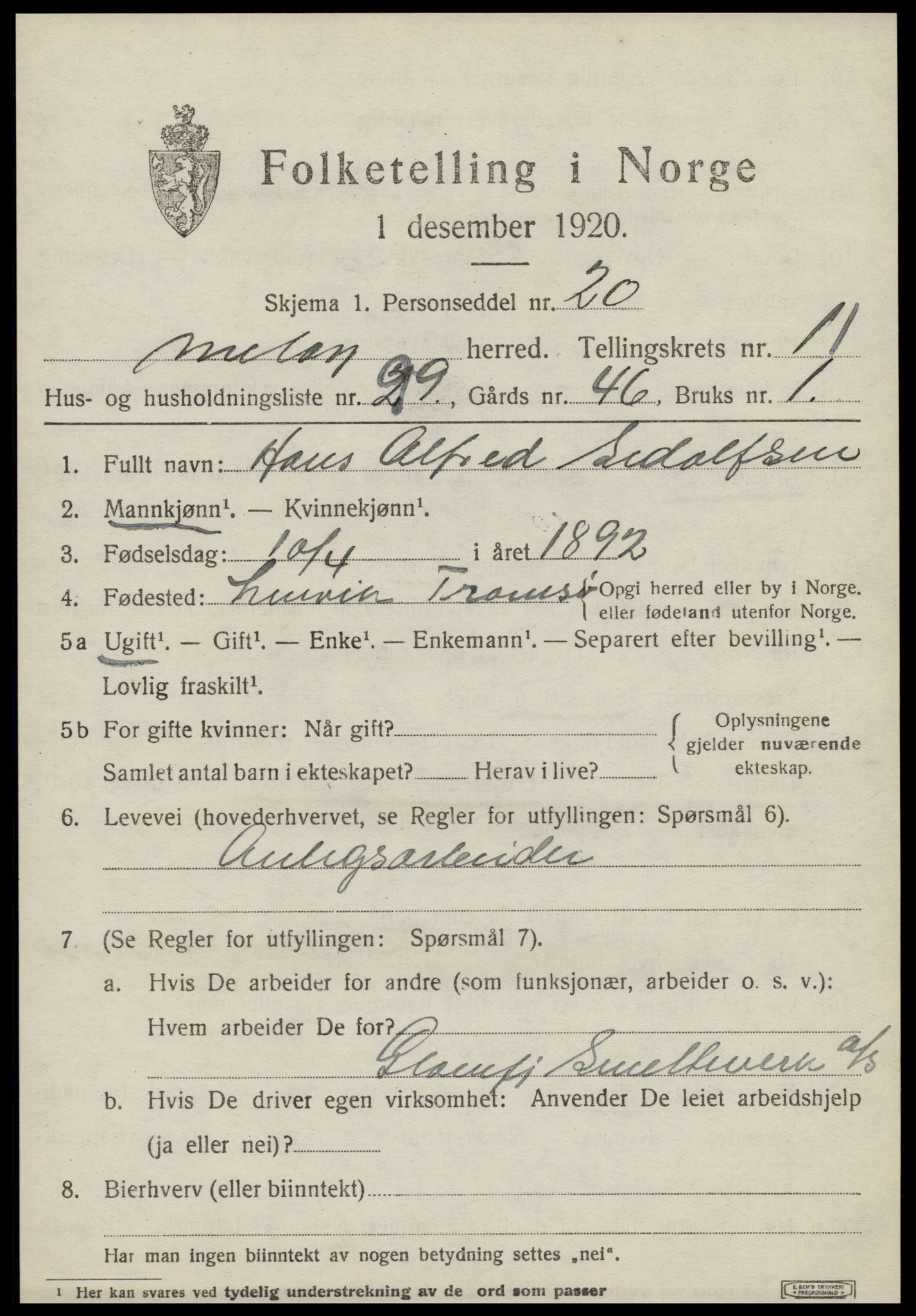 SAT, 1920 census for Meløy, 1920, p. 7587