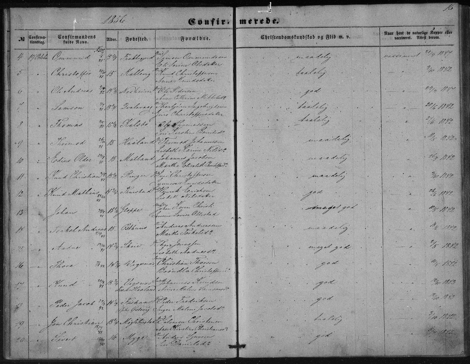 Avaldsnes sokneprestkontor, AV/SAST-A -101851/H/Ha/Haa/L0009: Parish register (official) no. A 9, 1853-1865, p. 16