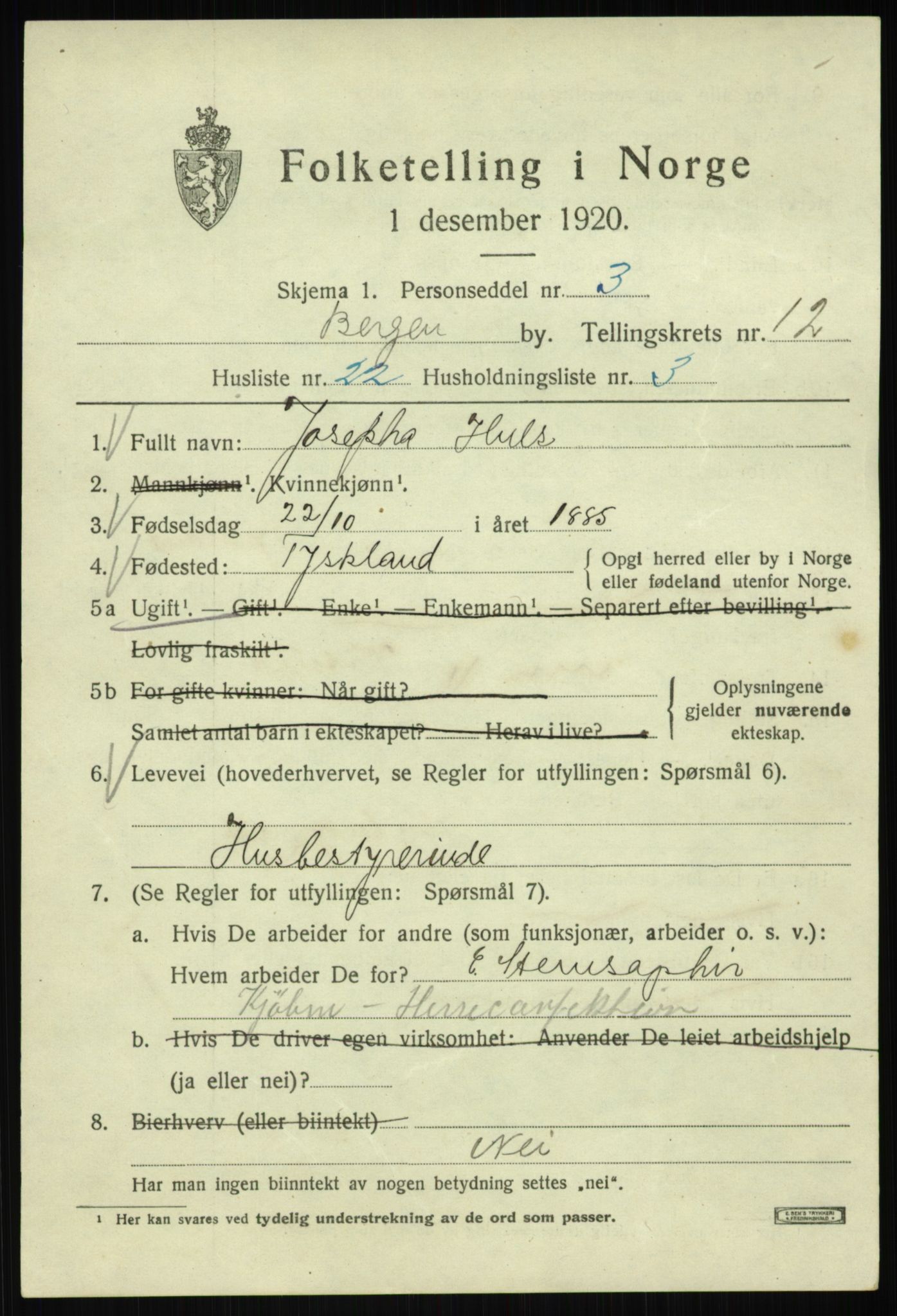 SAB, 1920 census for Bergen, 1920, p. 74322