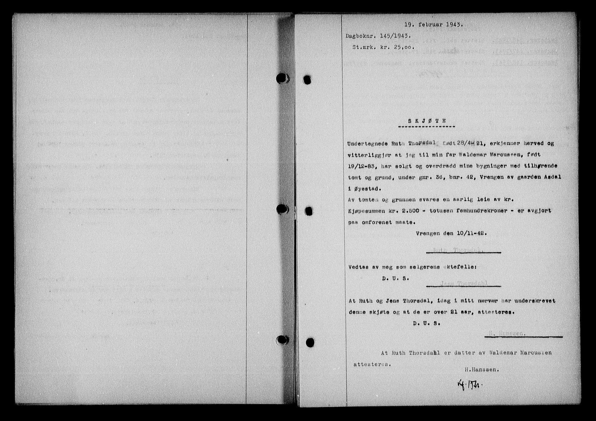 Nedenes sorenskriveri, AV/SAK-1221-0006/G/Gb/Gba/L0050: Mortgage book no. A-IV, 1942-1943, Diary no: : 145/1943