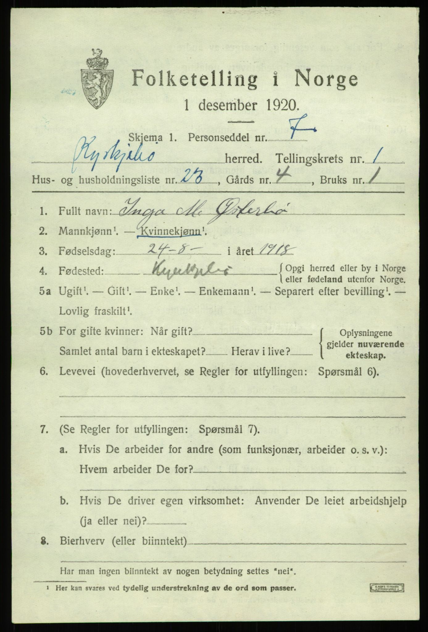 SAB, 1920 census for Kyrkjebø, 1920, p. 1011