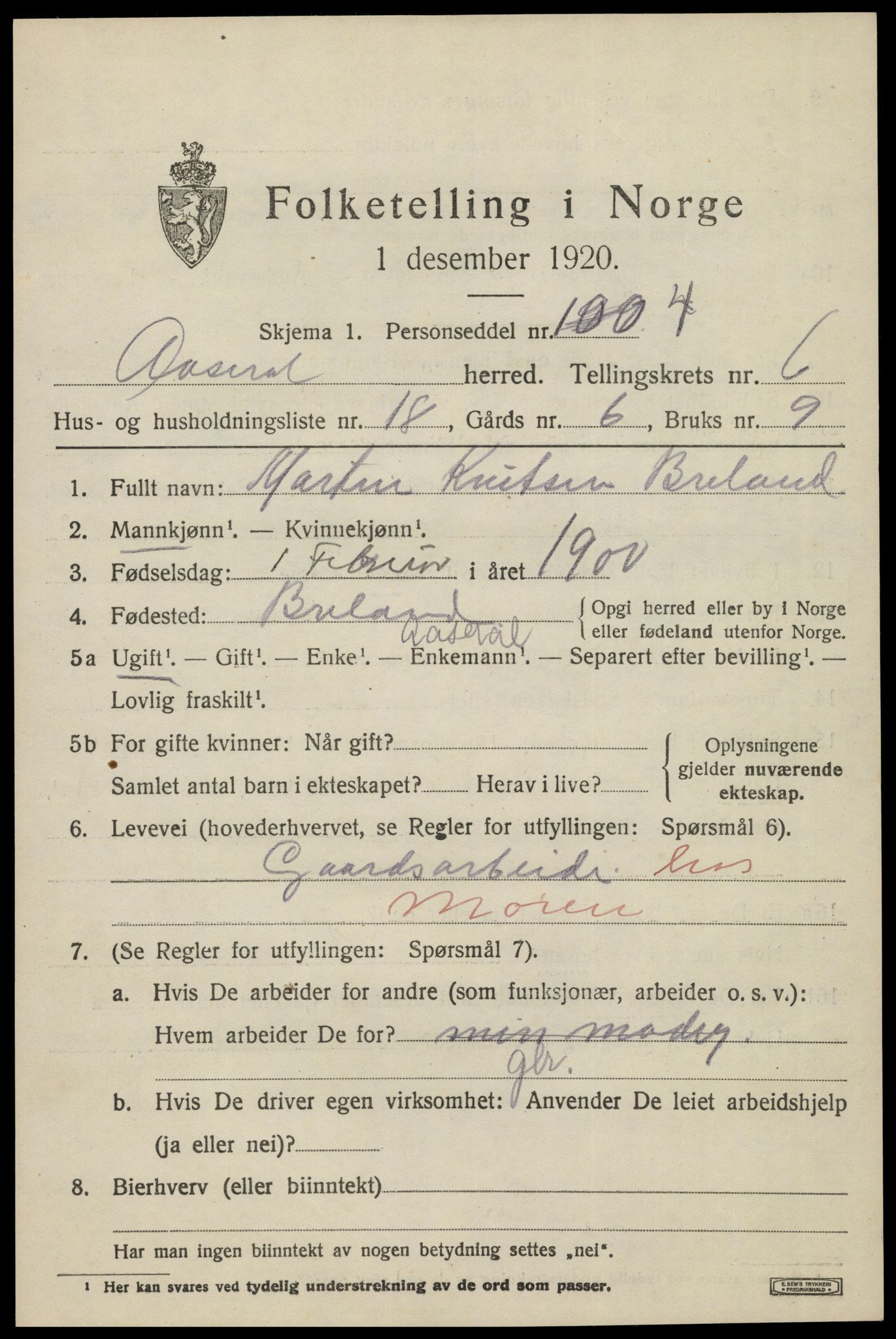 SAK, 1920 census for Åseral, 1920, p. 1996