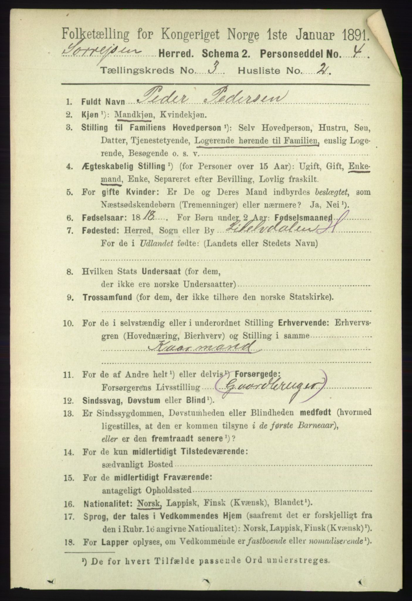 RA, 1891 census for 1925 Sørreisa, 1891, p. 693