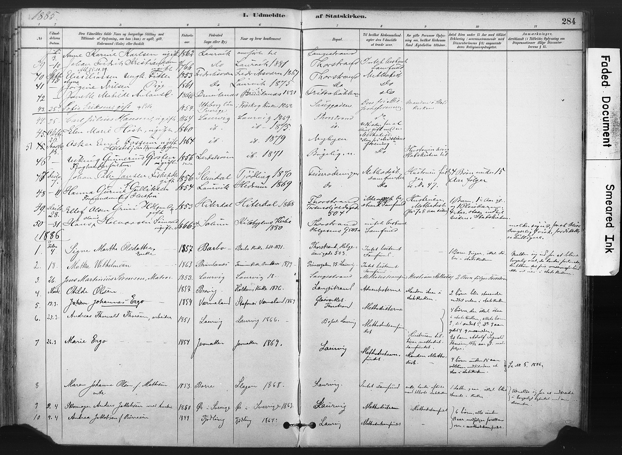 Larvik kirkebøker, AV/SAKO-A-352/F/Fa/L0010: Parish register (official) no. I 10, 1884-1910, p. 284